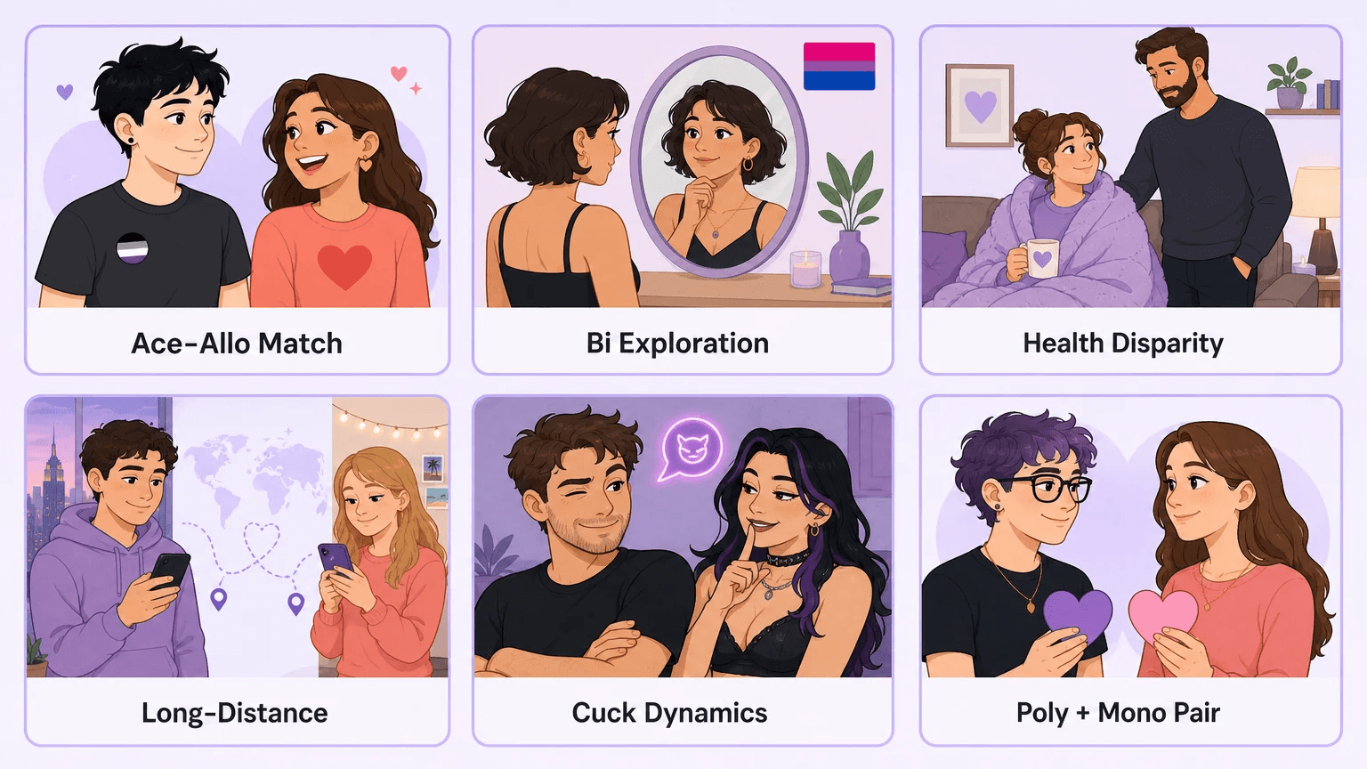Six illustrated cards in a 2x3 grid showing the six types of one-sided open relationships: Ace-Allo Match, Bi Exploration, Health Disparity, Long-Distance, Cuck Dynamics, and Poly + Mono Pair.