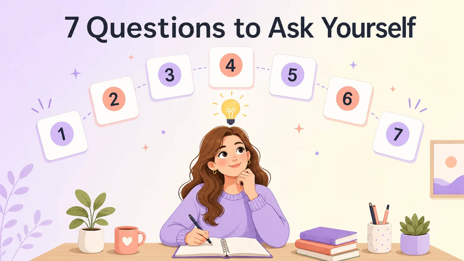 7 Questions to Ask Yourself — a self-assessment framework with a character working through numbered question cards at a desk