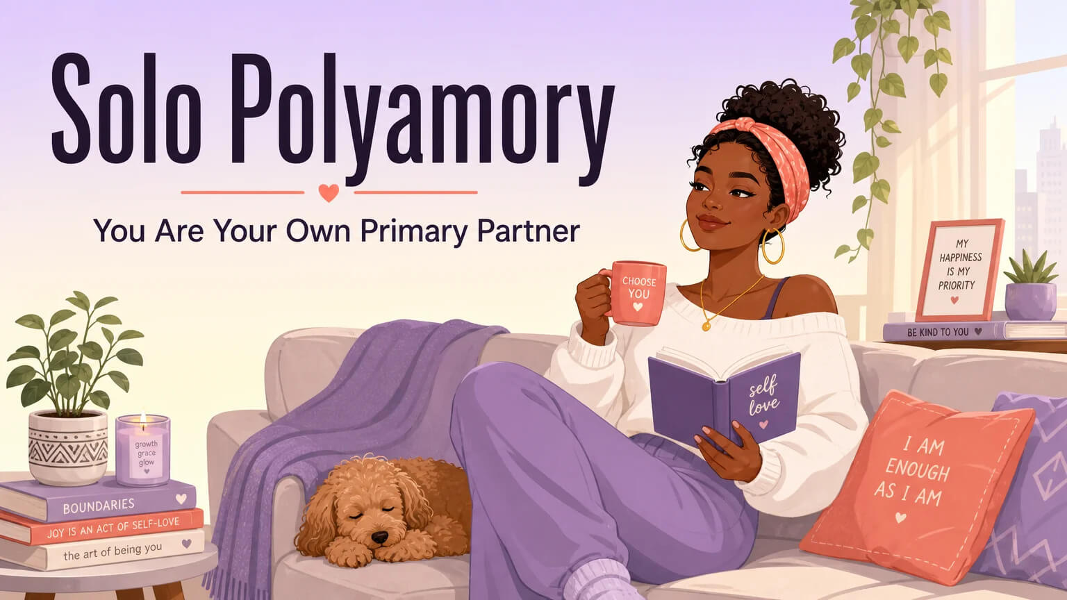 Solo Polyamory: You Are Your Own Primary Partner — cover illustration of a confident solo woman in a sunlit apartment