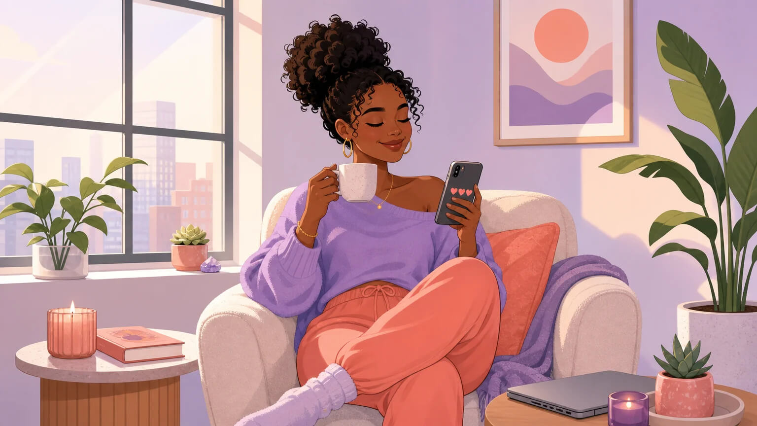 A confident single person in a bright modern apartment — morning light, coffee in hand, content and sovereign — illustrating solo polyamory