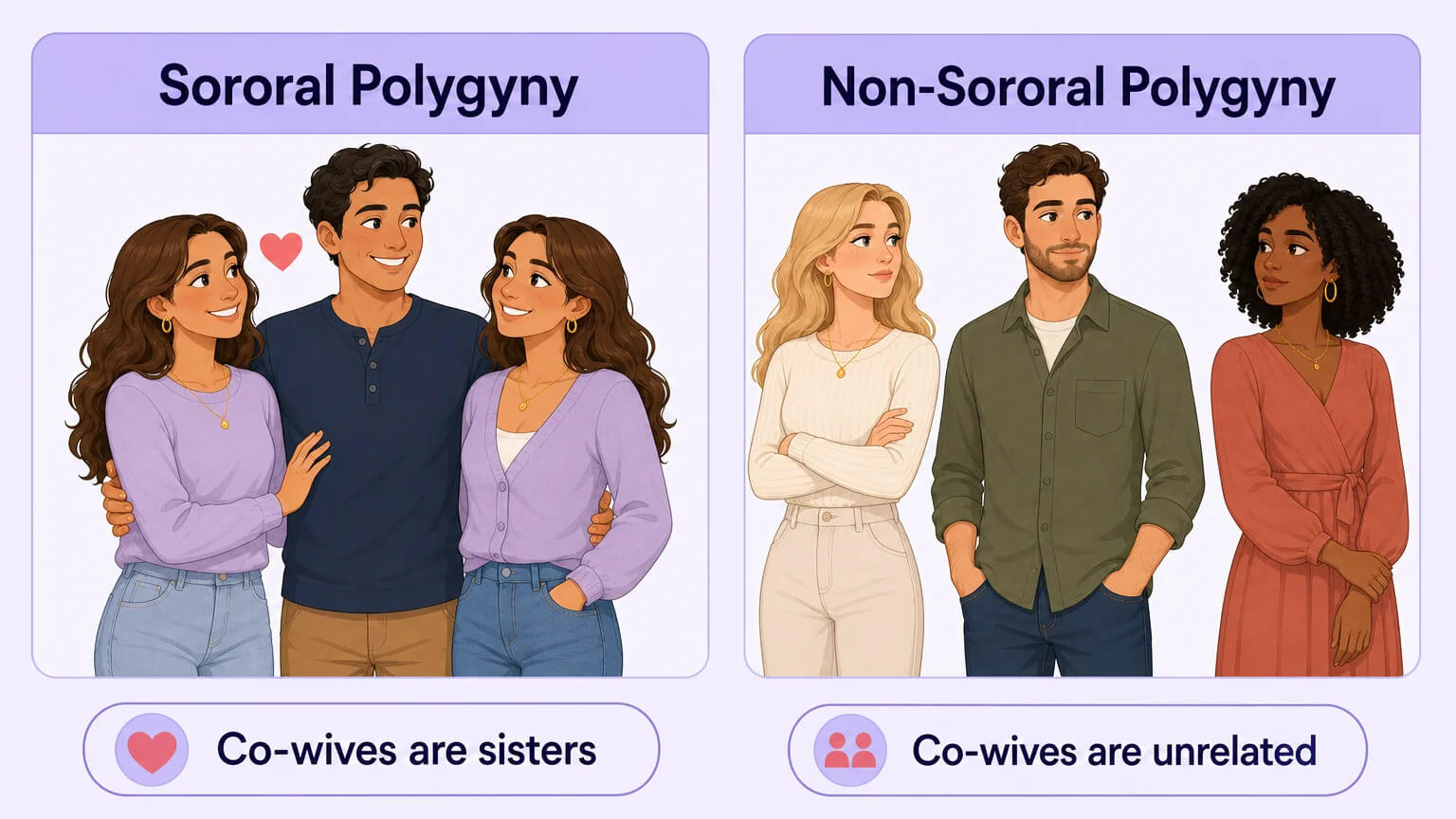 Comparison of sororal polygyny where co-wives are sisters versus non-sororal polygyny where co-wives are unrelated