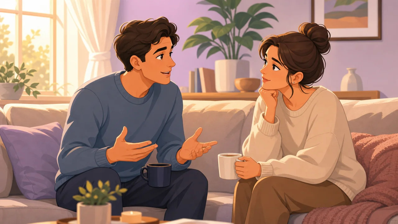 Two characters on a cozy couch with coffee, having a curious morning conversation