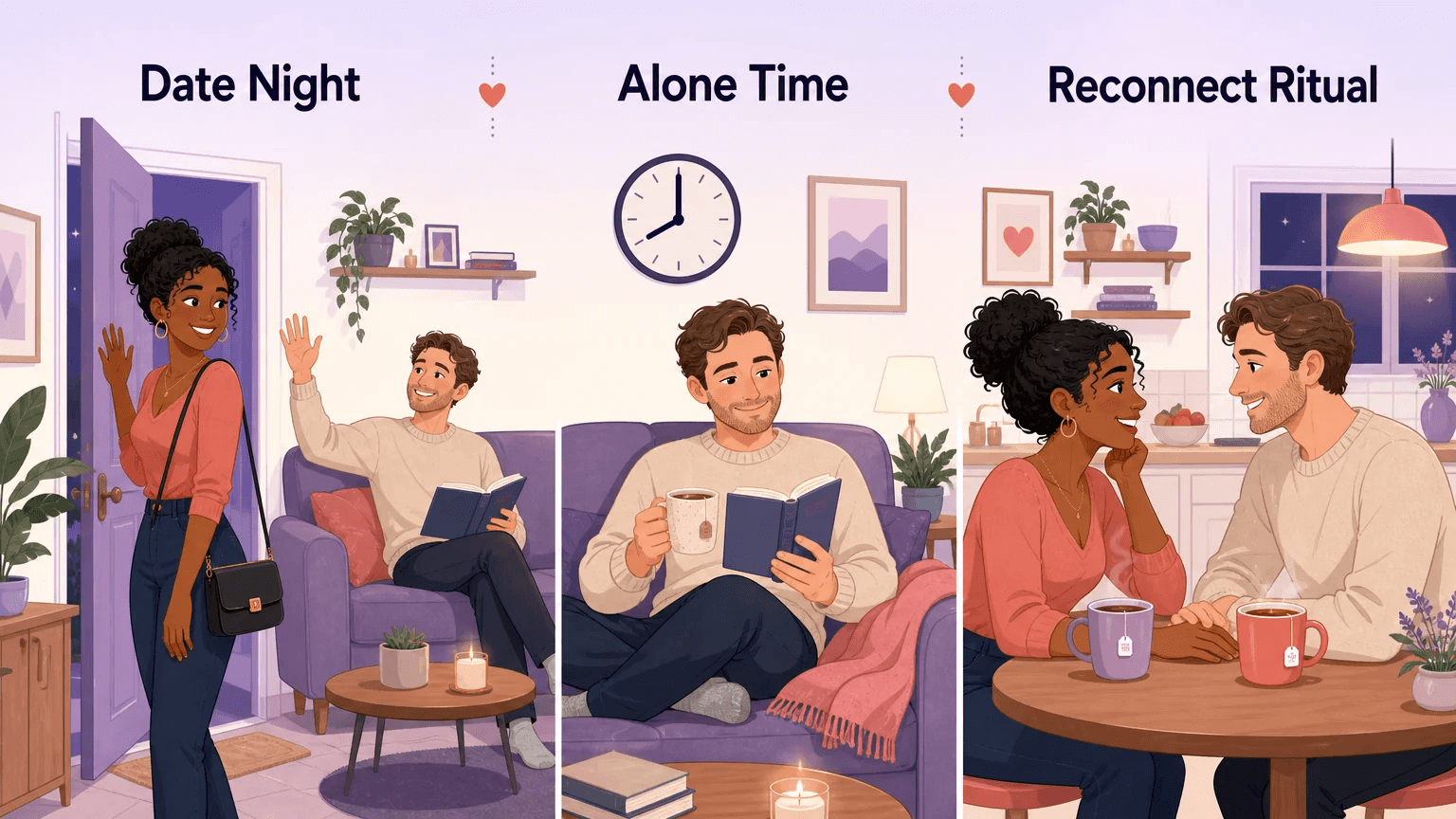 Three-panel scene of a successful mono-poly relationship daily rhythm: Date Night departure with warm goodbye, peaceful Alone Time reading on the couch, and a Reconnect Ritual over tea to debrief and reconnect.