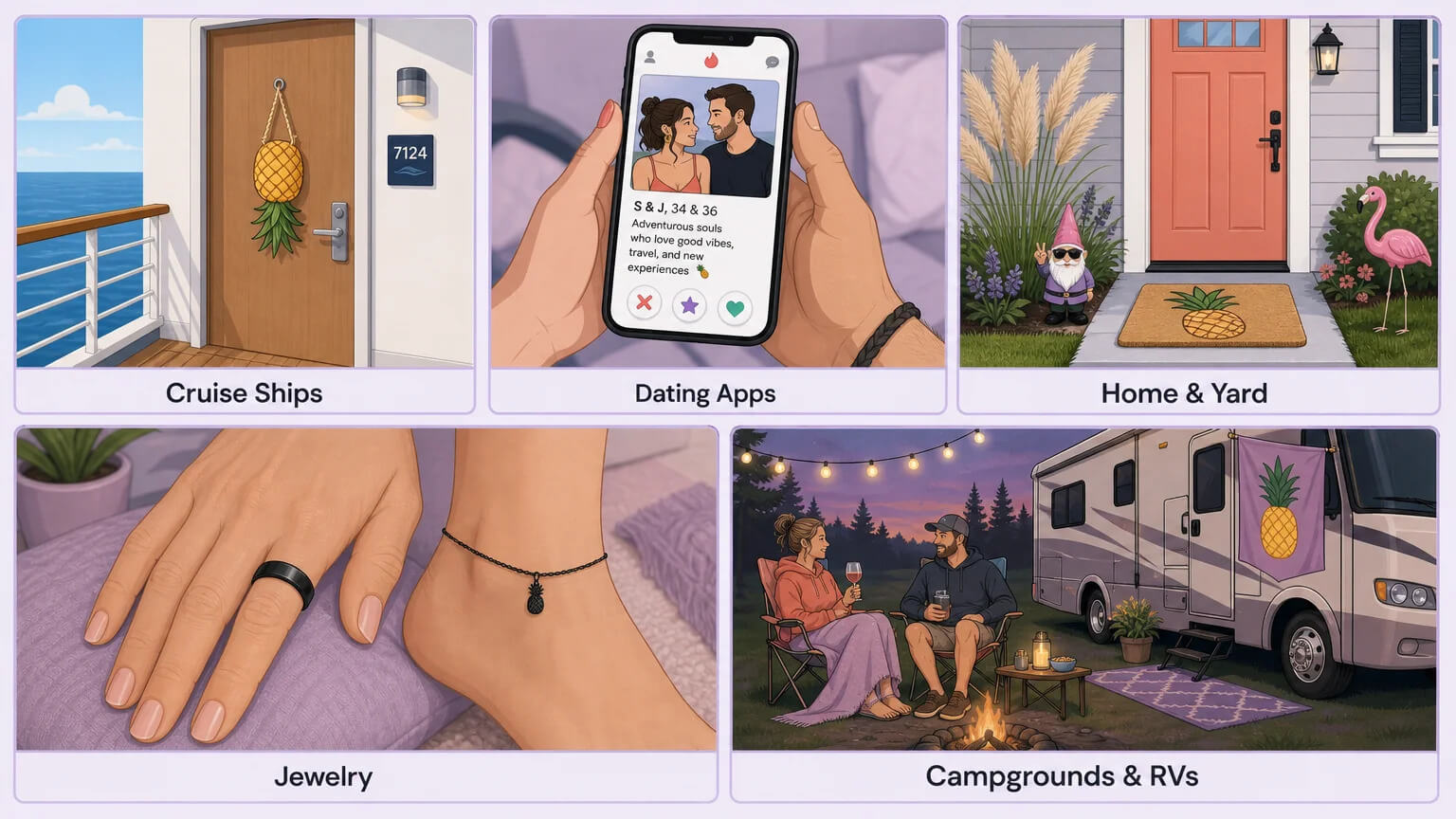 Grid showing where swinger symbols appear across five settings — cruise ships, dating apps, home and yard, jewelry, and campgrounds and RV parks