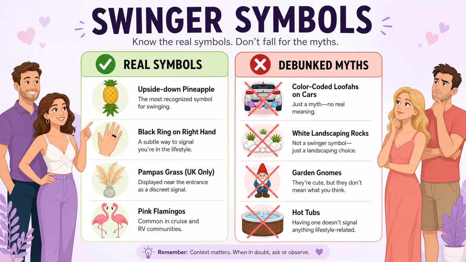 Real swinger symbols vs debunked myths — side-by-side comparison with green checks and red X marks