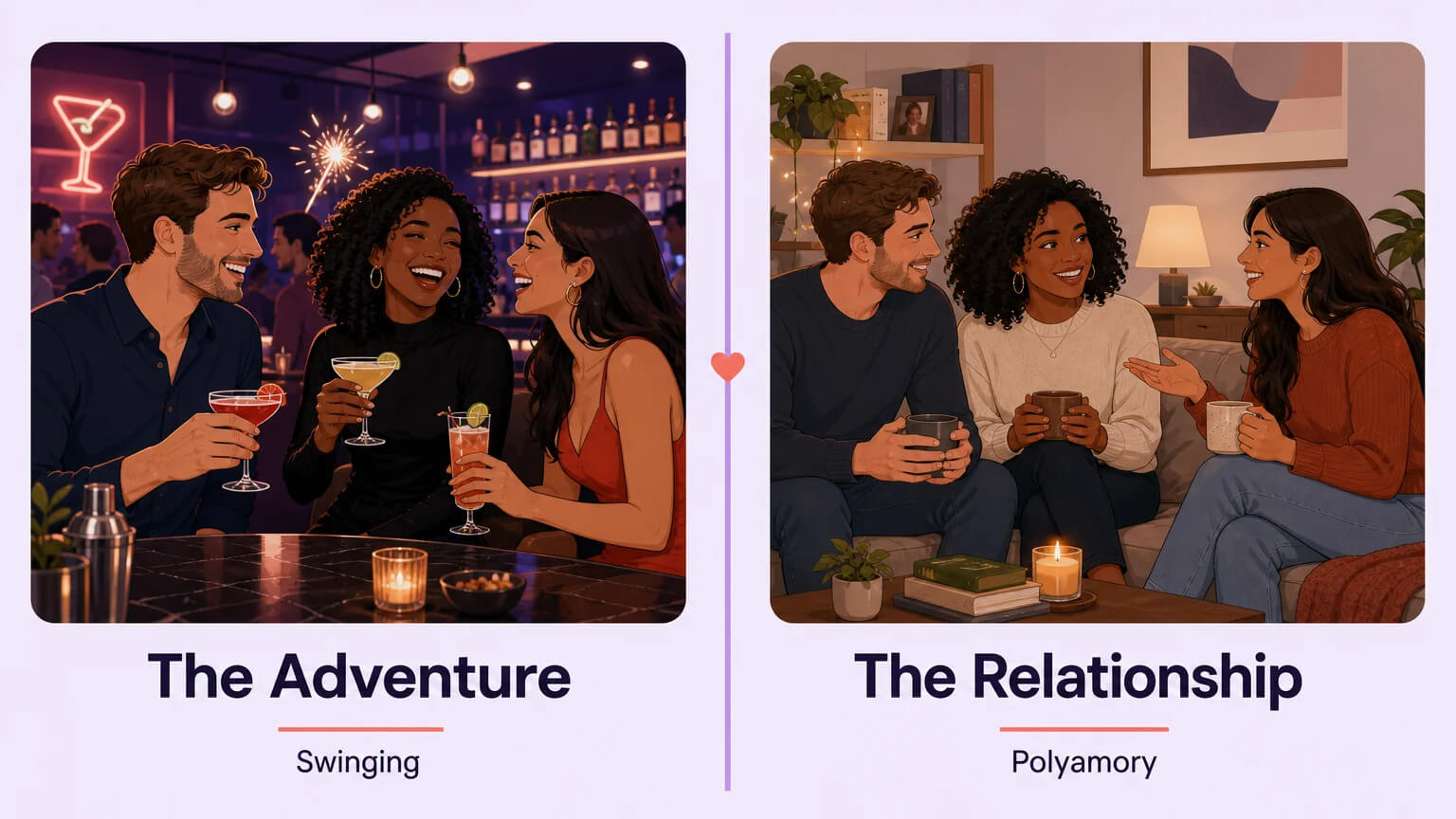 Side-by-side comparison: "The Adventure" (swinger world) versus "The Relationship" (polyamorous world) — two distinct paths with different emotional agreements