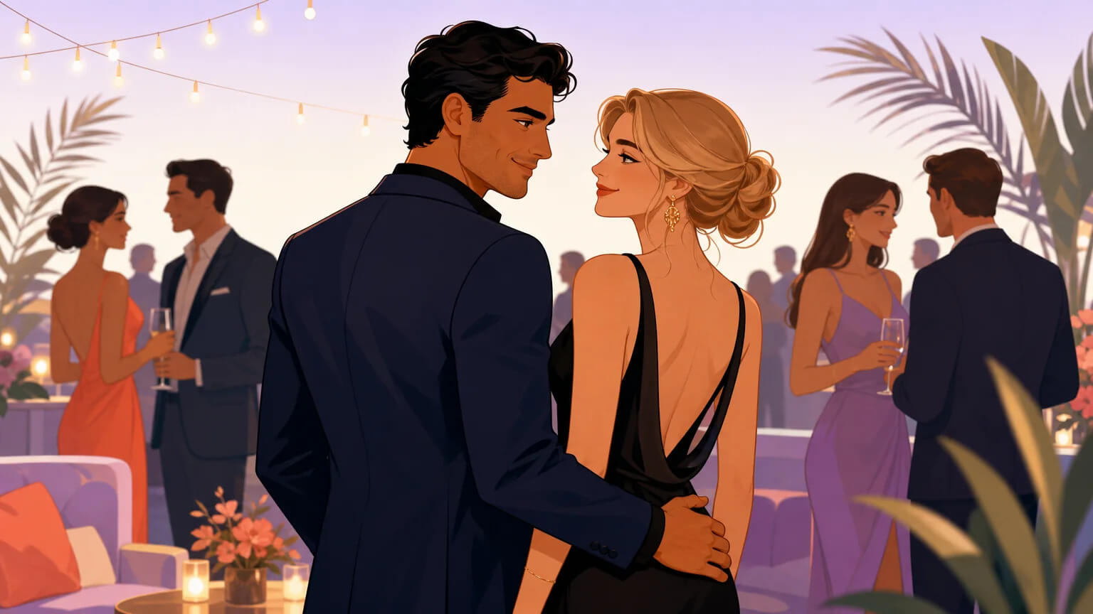 A stylish couple at an upscale evening party, sharing a knowing smile — dressed sharply, connected, the picture of shared adventure