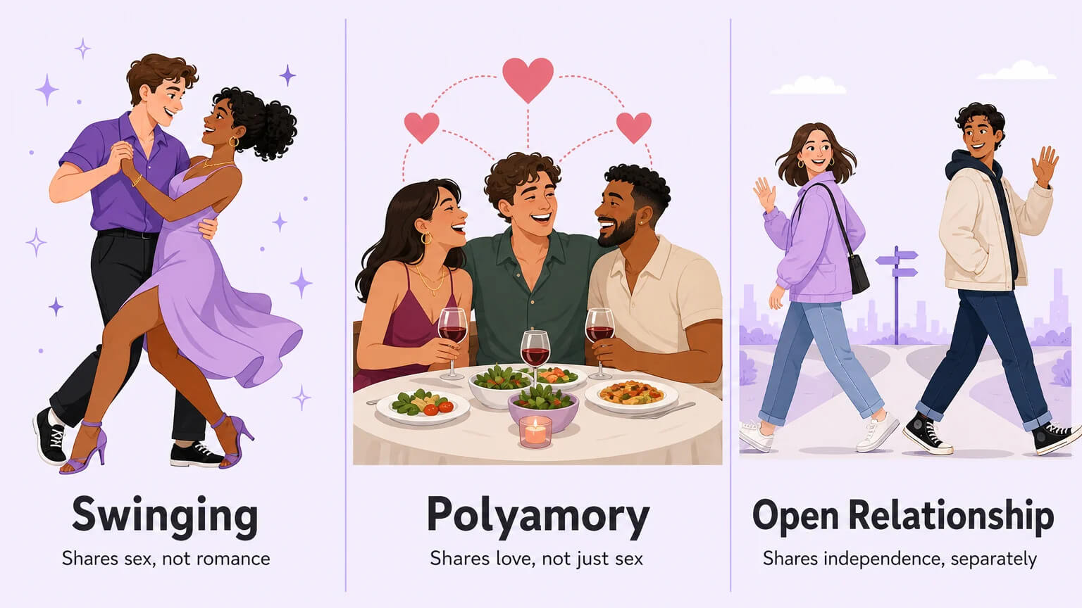 Side-by-side comparison of swinging, polyamory, and open relationships — three illustrated panels showing each relationship model in action