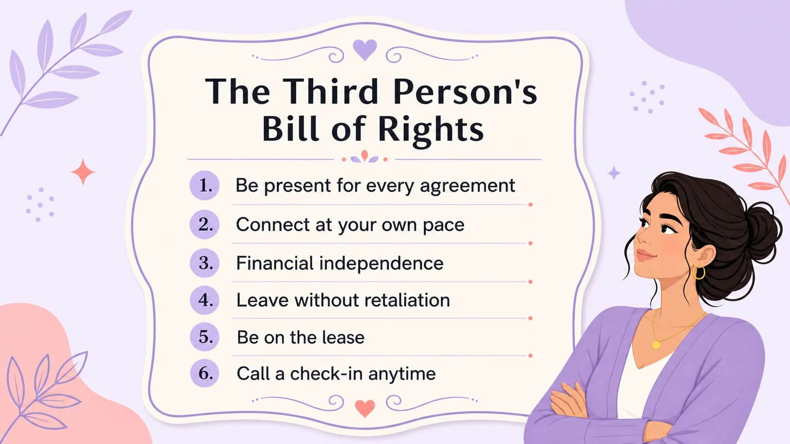 A designed card listing the six rights every single person joining a couple should demand