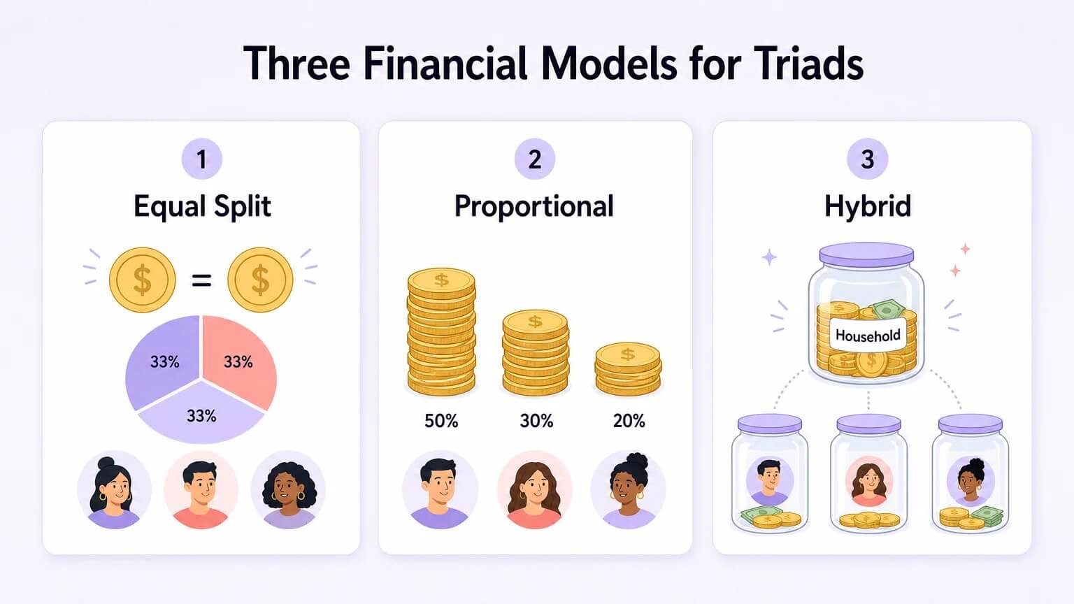 Three financial models for triads — Equal Split, Proportional, and Hybrid — displayed as clean comparison cards
