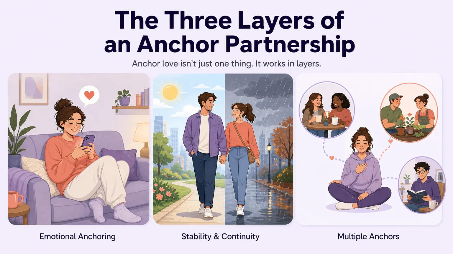 Three-panel illustration showing the three layers of anchor partnership: emotional anchoring, stability and continuity, and multiple anchors