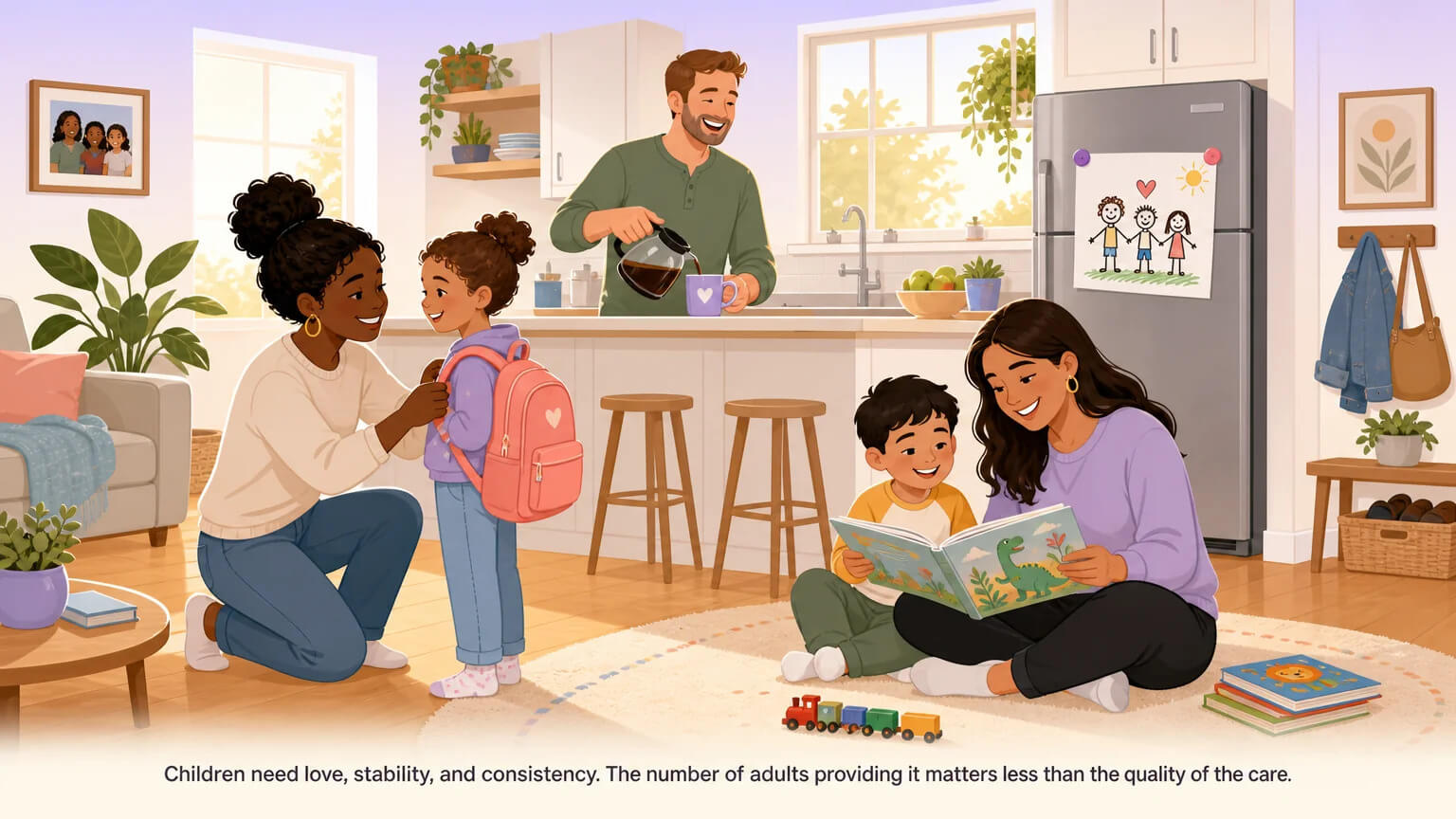 A warm sunlit kitchen morning: three parents and two children in their daily routine — helping with backpacks, pouring coffee, reading together. A child's drawing on the fridge shows three stick-figure parents