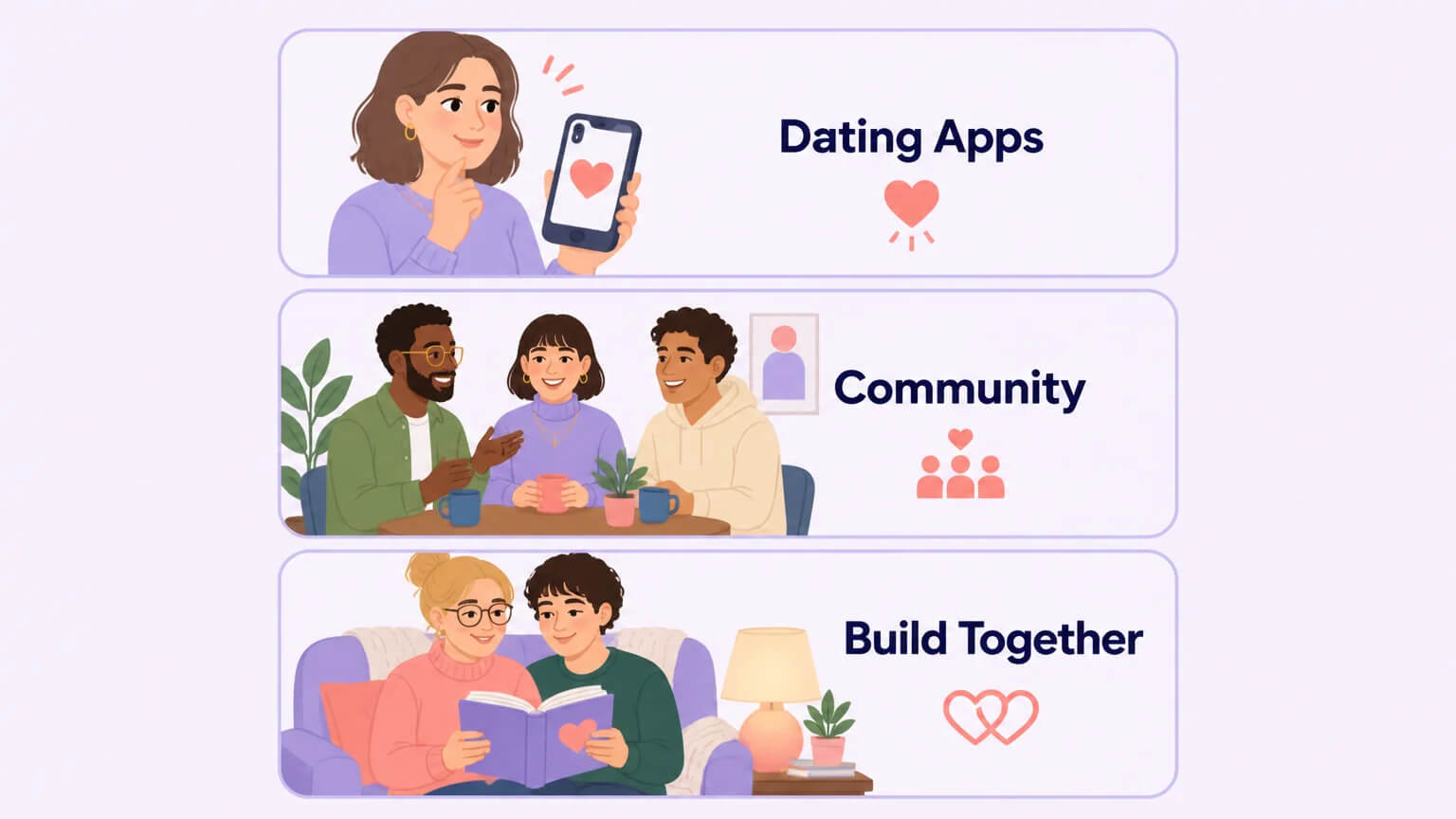 Three paths to finding a polycule: dating apps on a smartphone, community meetups around a table, and building together with a partner reading on a couch