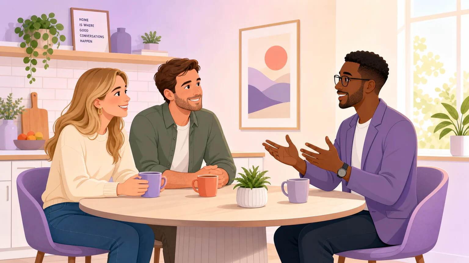 Three people around a kitchen table — a couple on one side listening, a single person across from them speaking with confidence