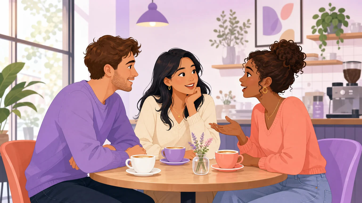 Three people at a café table — the first meeting is low pressure, high honesty