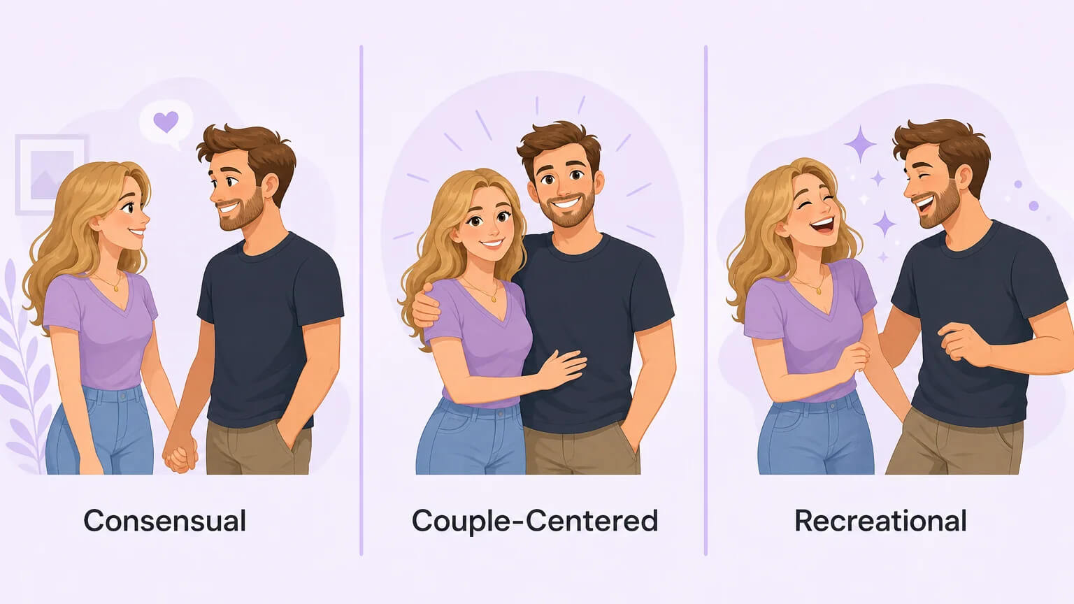 Three core principles of swinging illustrated in three panels: Consensual, Couple-Centered, and Recreational — cartoon couples in warm flat-illustration style