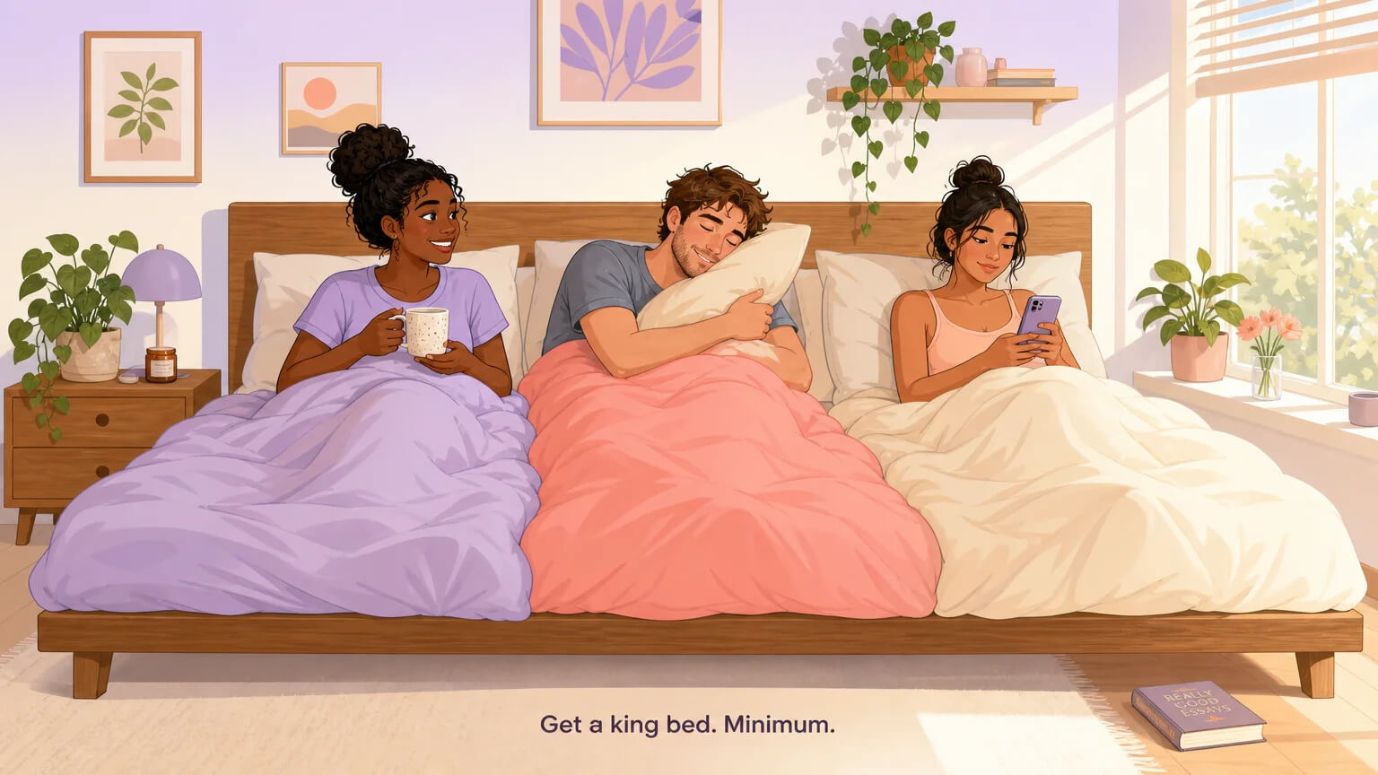 A bright morning bedroom with a king-size bed, three separate duvets in pastel colors, and three people in their morning routine — cozy, real, and unglamorous