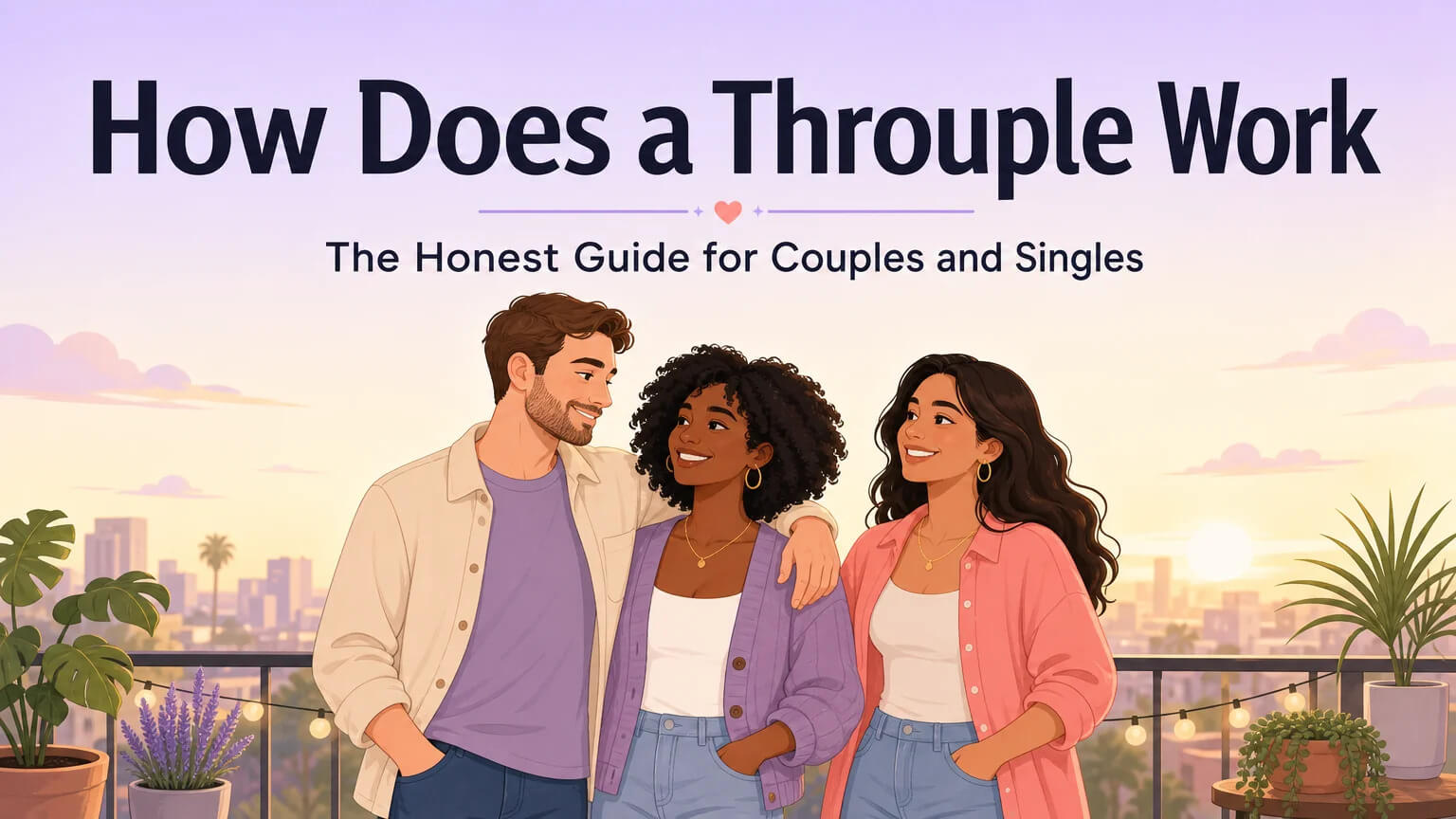 Three diverse people standing together on a balcony at golden hour, welcoming and confident — cover image for How Does a Throuple Work