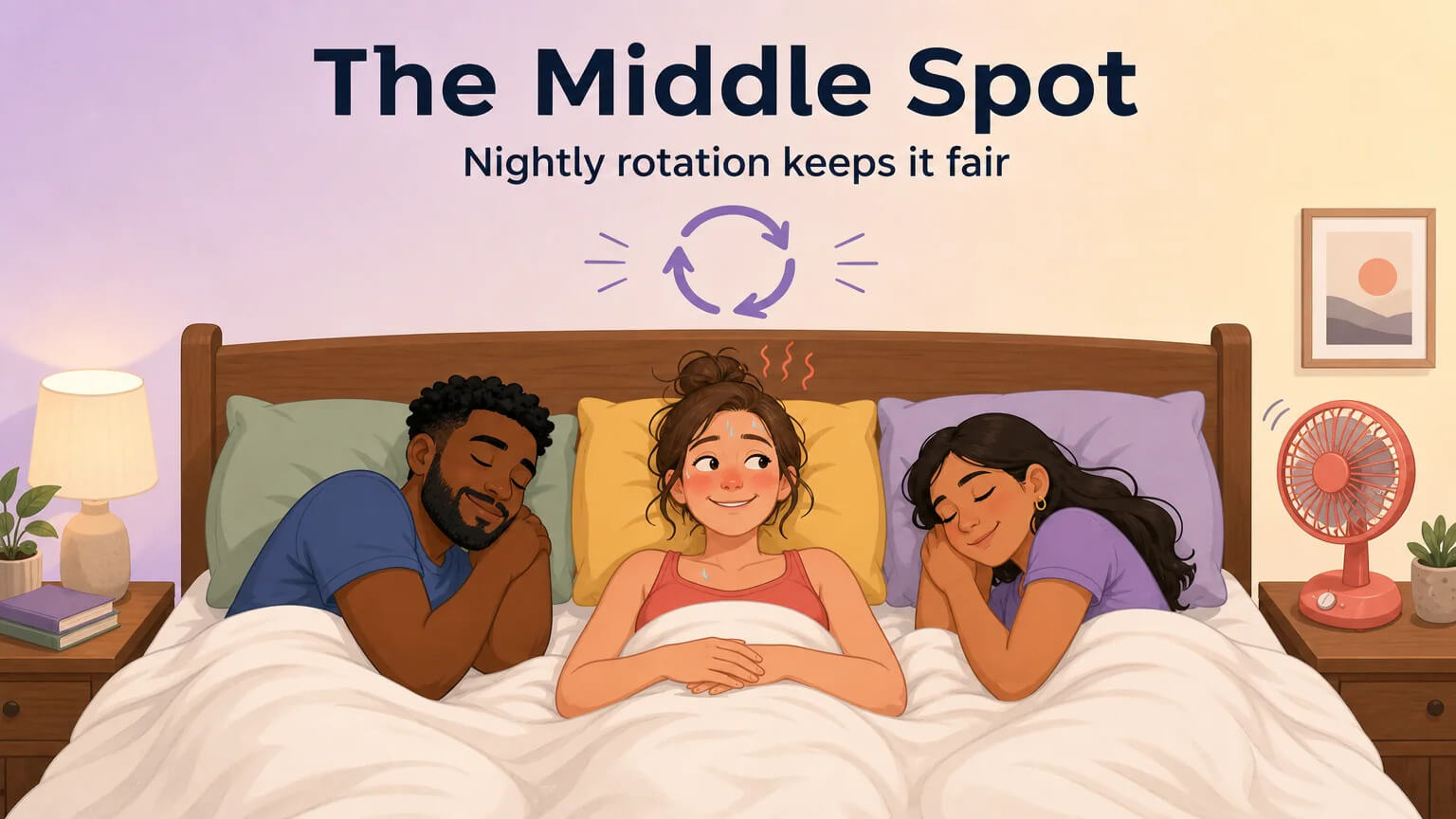 Three people in a king bed with the middle spot rotation system