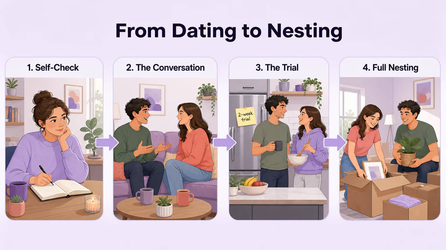 Timeline image: four connected phases from Self-Check through Conversation, Trial, to Full Nesting