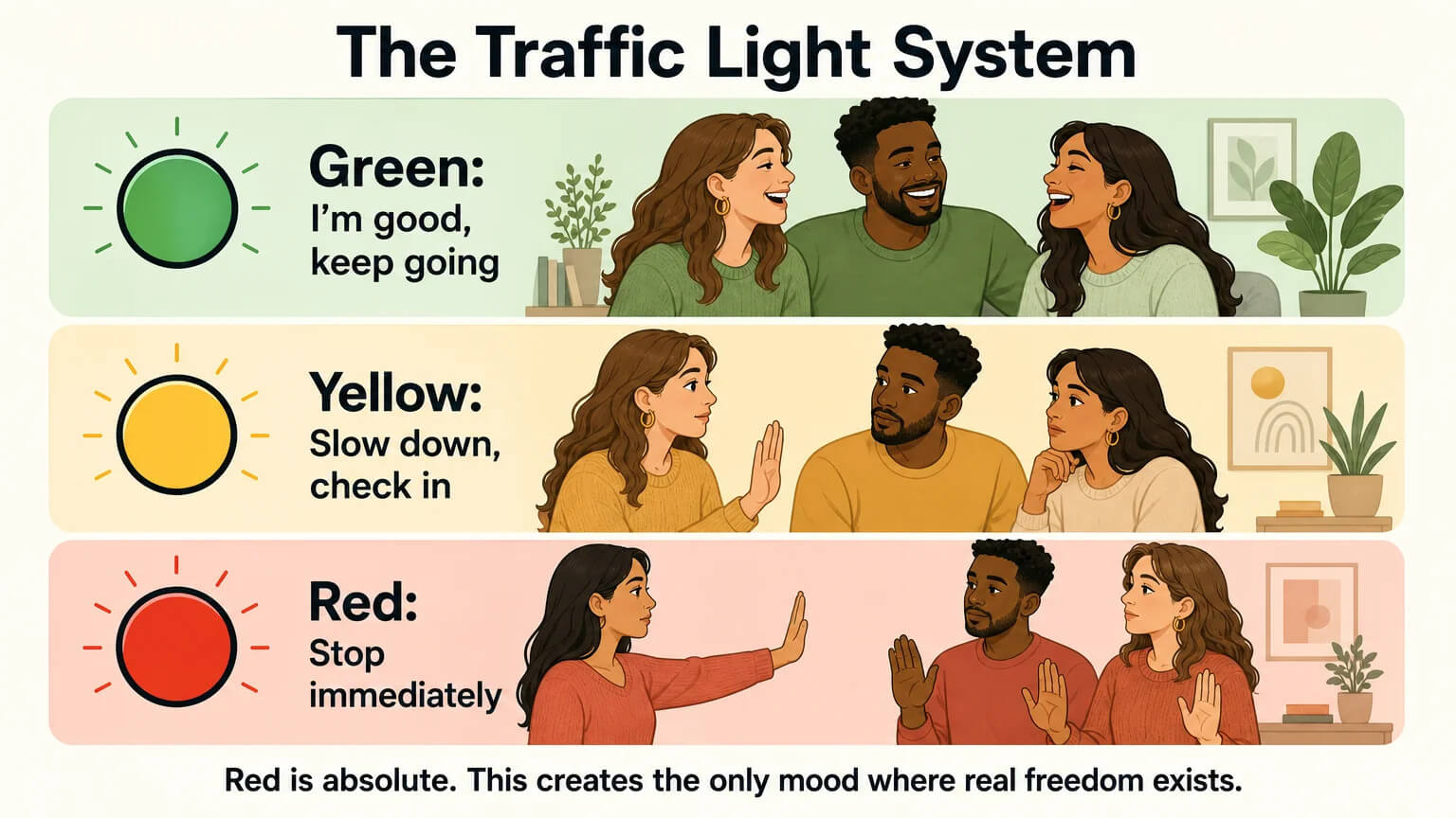 Three-panel traffic light system: Green (keep going), Yellow (slow down, check in), Red (stop immediately) — a consent framework for real-time communication