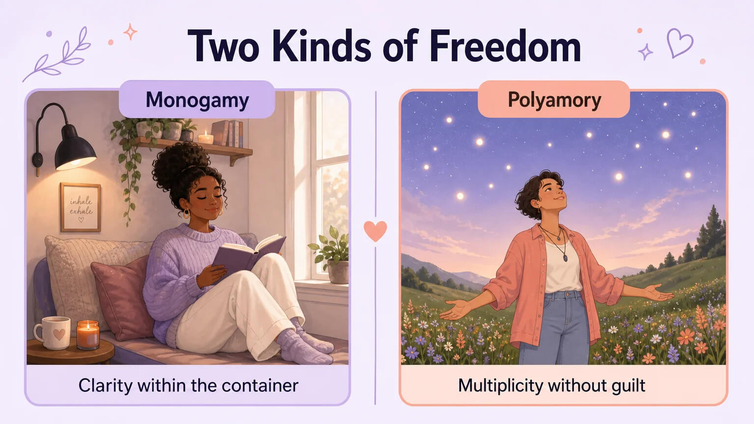 Side-by-side comparison of two freedoms — a character in a cozy reading nook versus a character in an open meadow under multiple stars