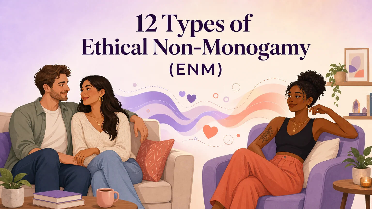 Cover illustration for 12 types of ethical non-monogamy — a diverse couple and a single person in a warm, airy flat-illustration scene with the article title