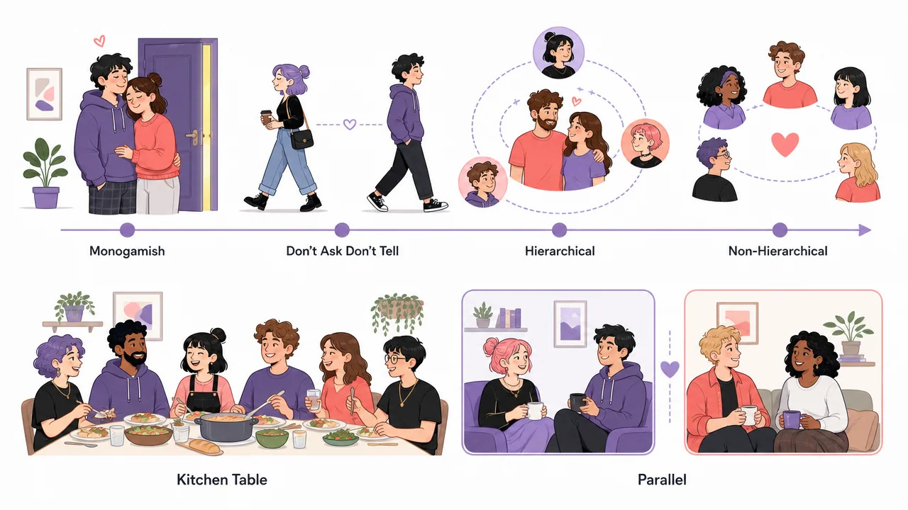 Spectrum showing four types of open relationships as cartoon scenes