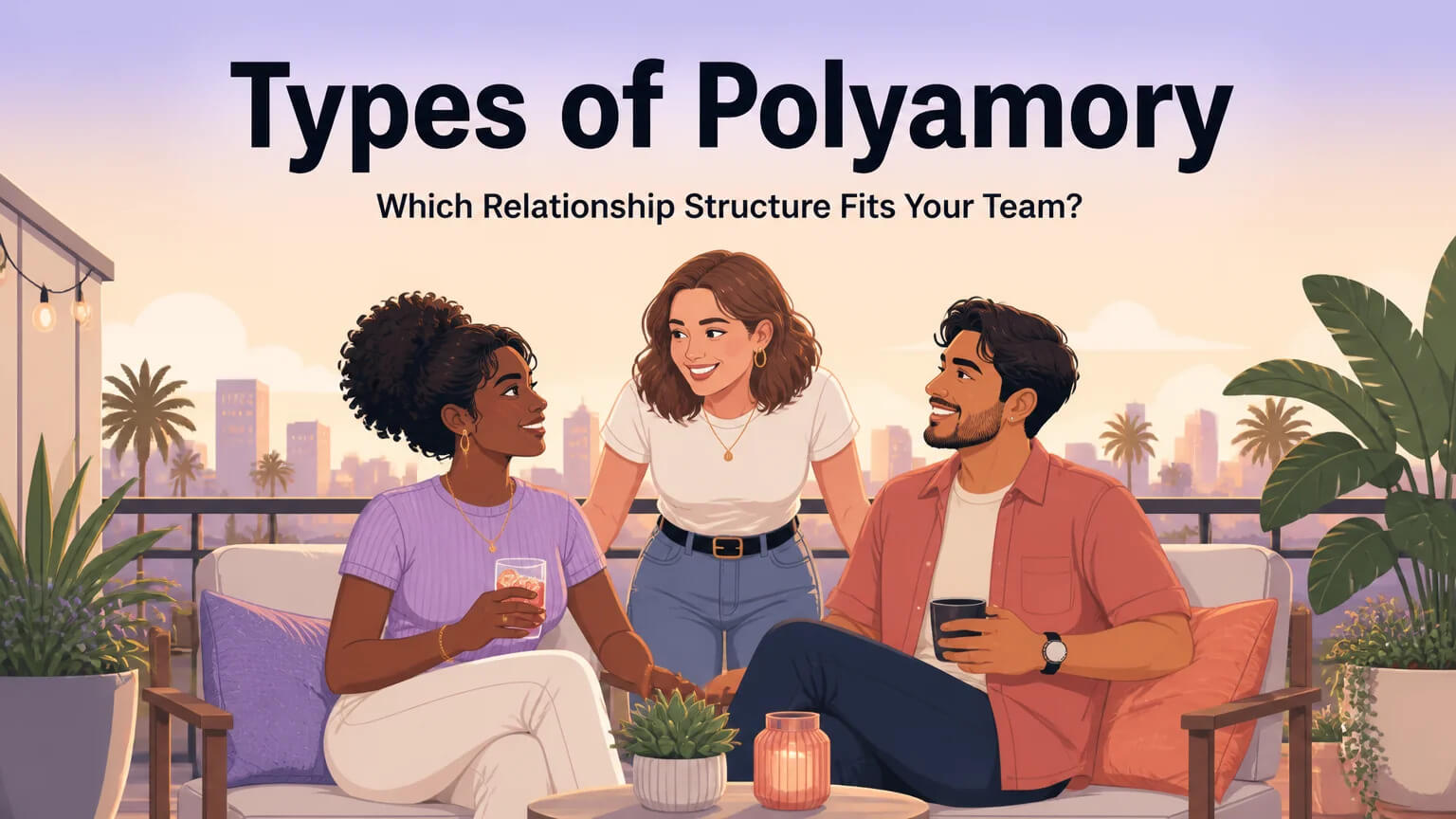 Types of Polyamory cover — a warm, diverse group on a balcony representing the spectrum of polyamory relationship structures
