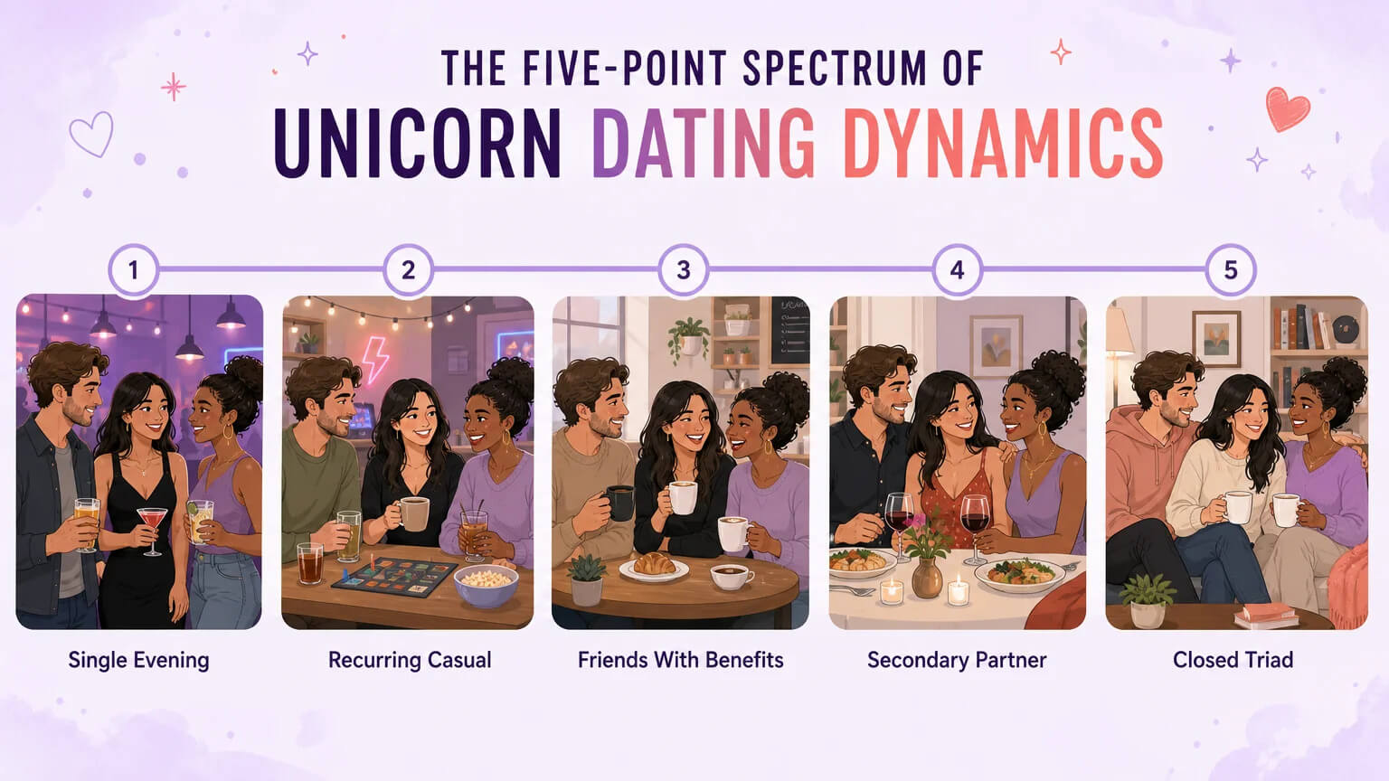 Five-level spectrum of unicorn dating dynamics: from single evening through recurring casual, friends with benefits, secondary partner, to closed triad