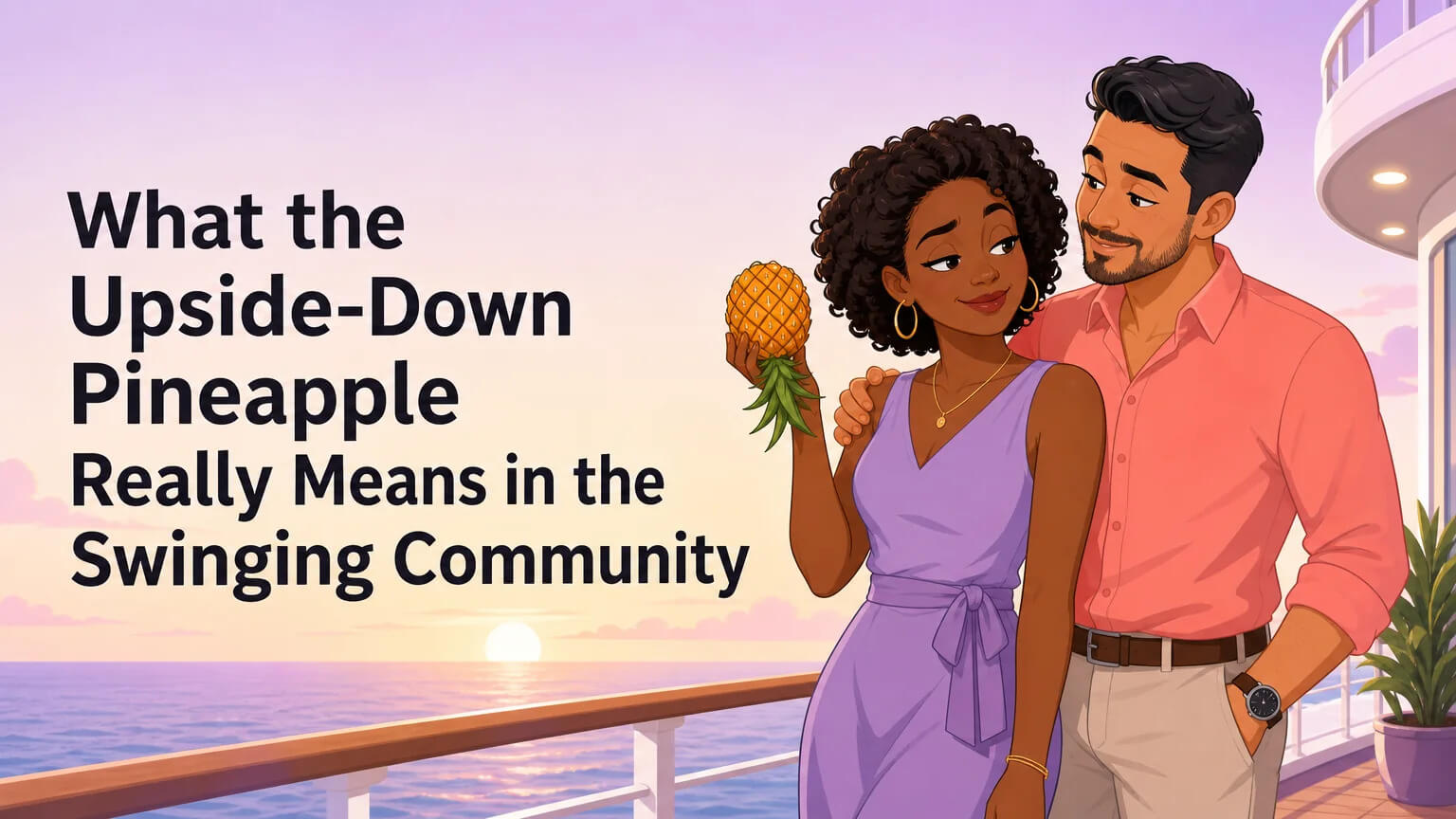 What the Upside-Down Pineapple Really Means in the Swinging Community — cover illustration of a couple on a cruise ship balcony at sunset, playfully discovering the hidden meaning of an upside-down pineapple