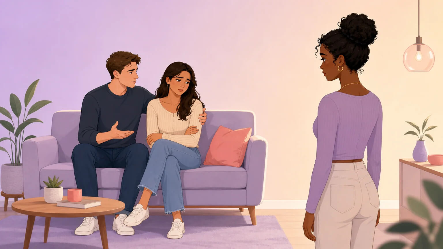 A couple closes ranks on a couch while a single woman stands apart — the quiet devastation of being vetoed without a vote
