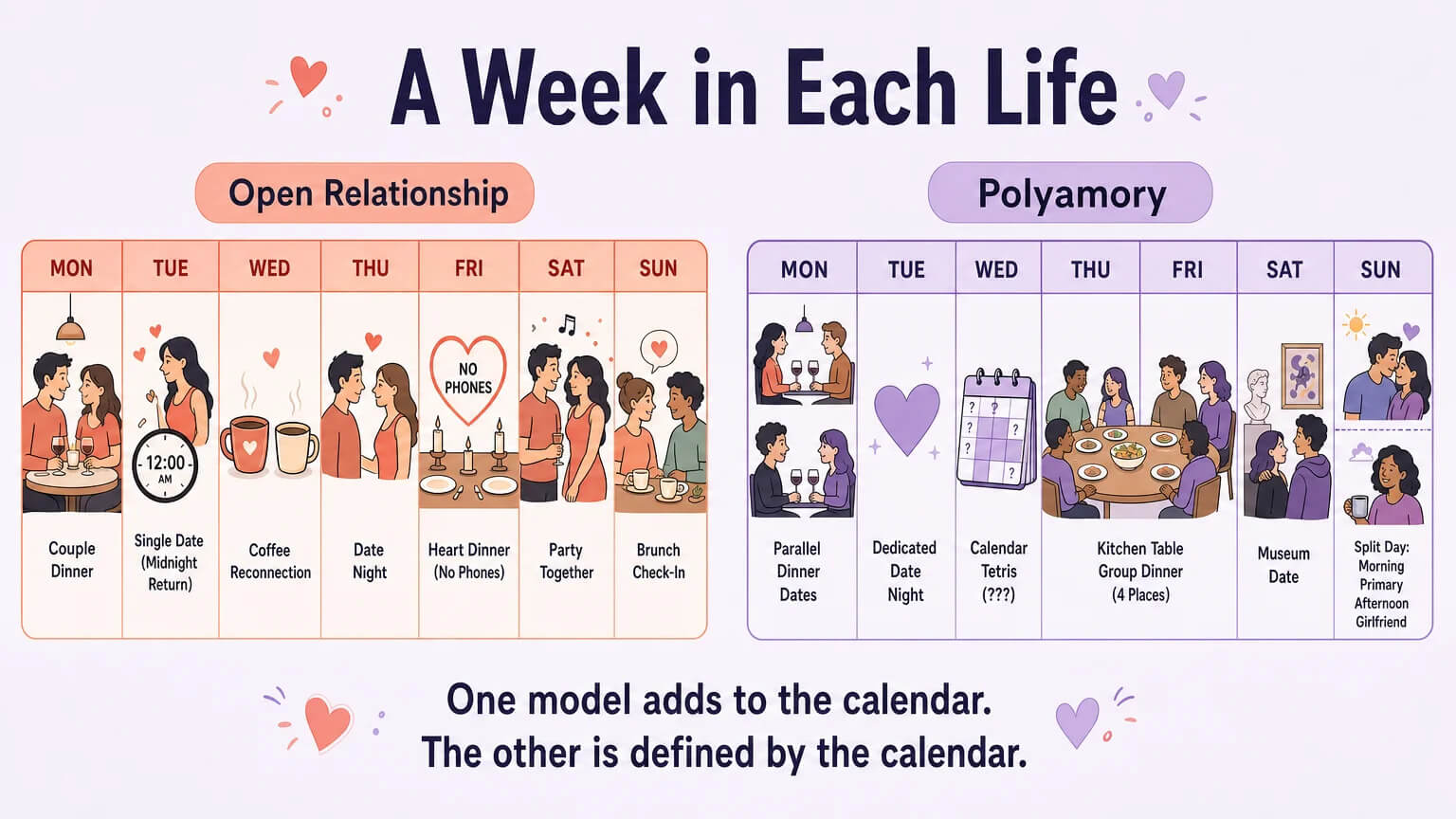 Side-by-side weekly calendar comparison — Open Relationship week in coral tones on left, Polyamory week in purple tones on right