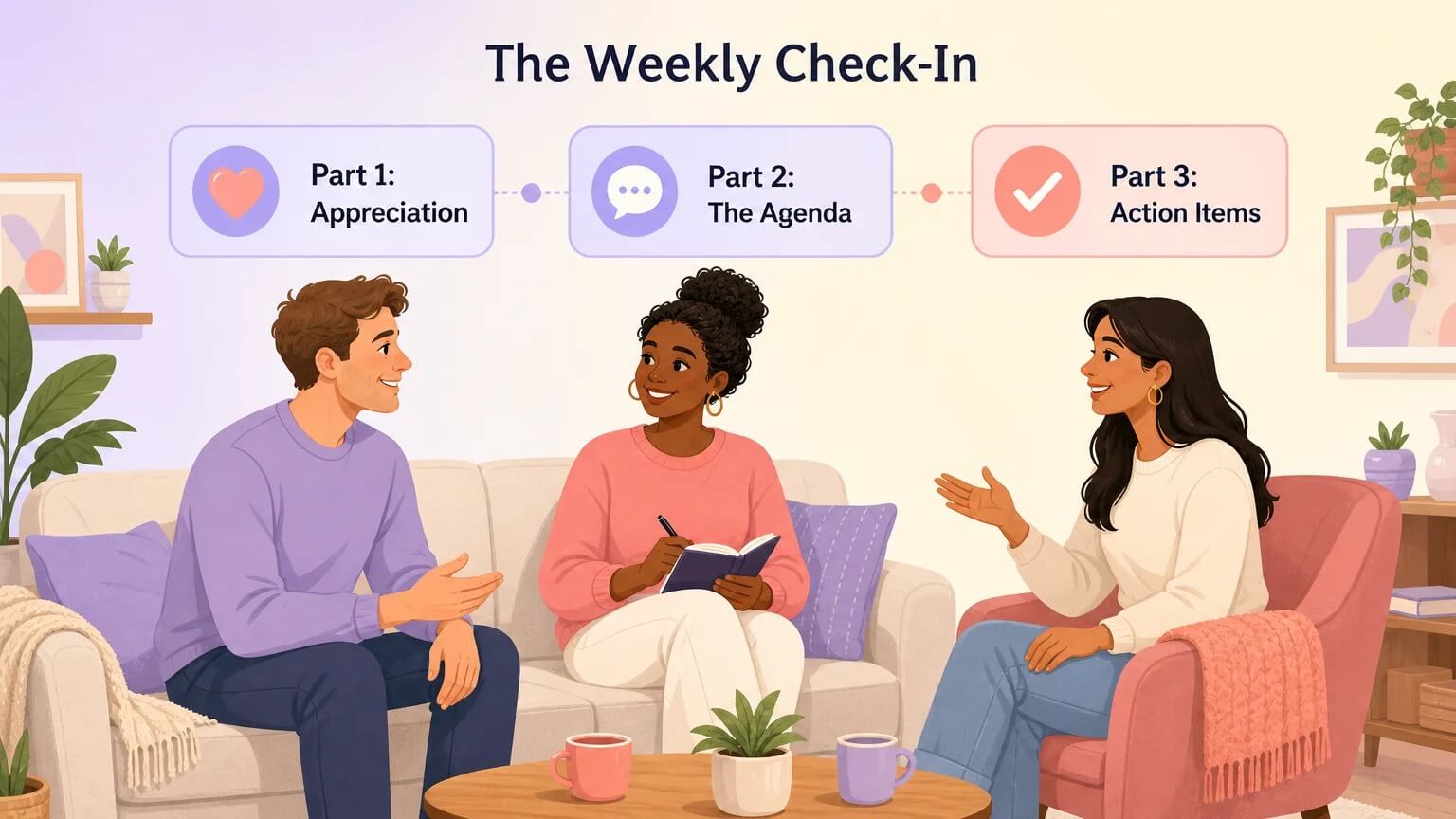 Three partners in a living room having a structured weekly check-in — Appreciation, Agenda, Action Items