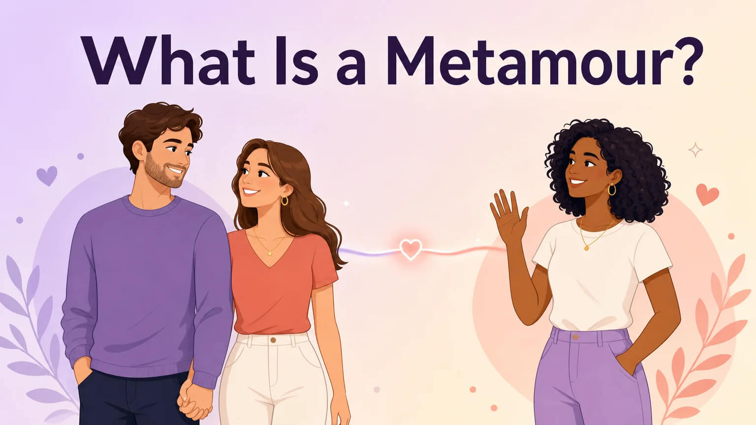 What Is a Metamour cover illustration — three diverse characters showing metamour relationship dynamic