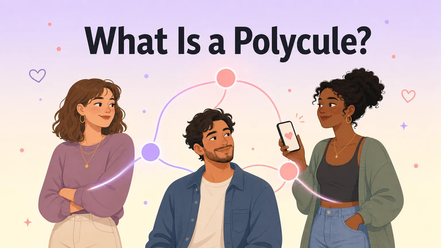 Cover illustration: three people connected by glowing molecular network lines, with the title "What Is a Polycule?" in bold typography