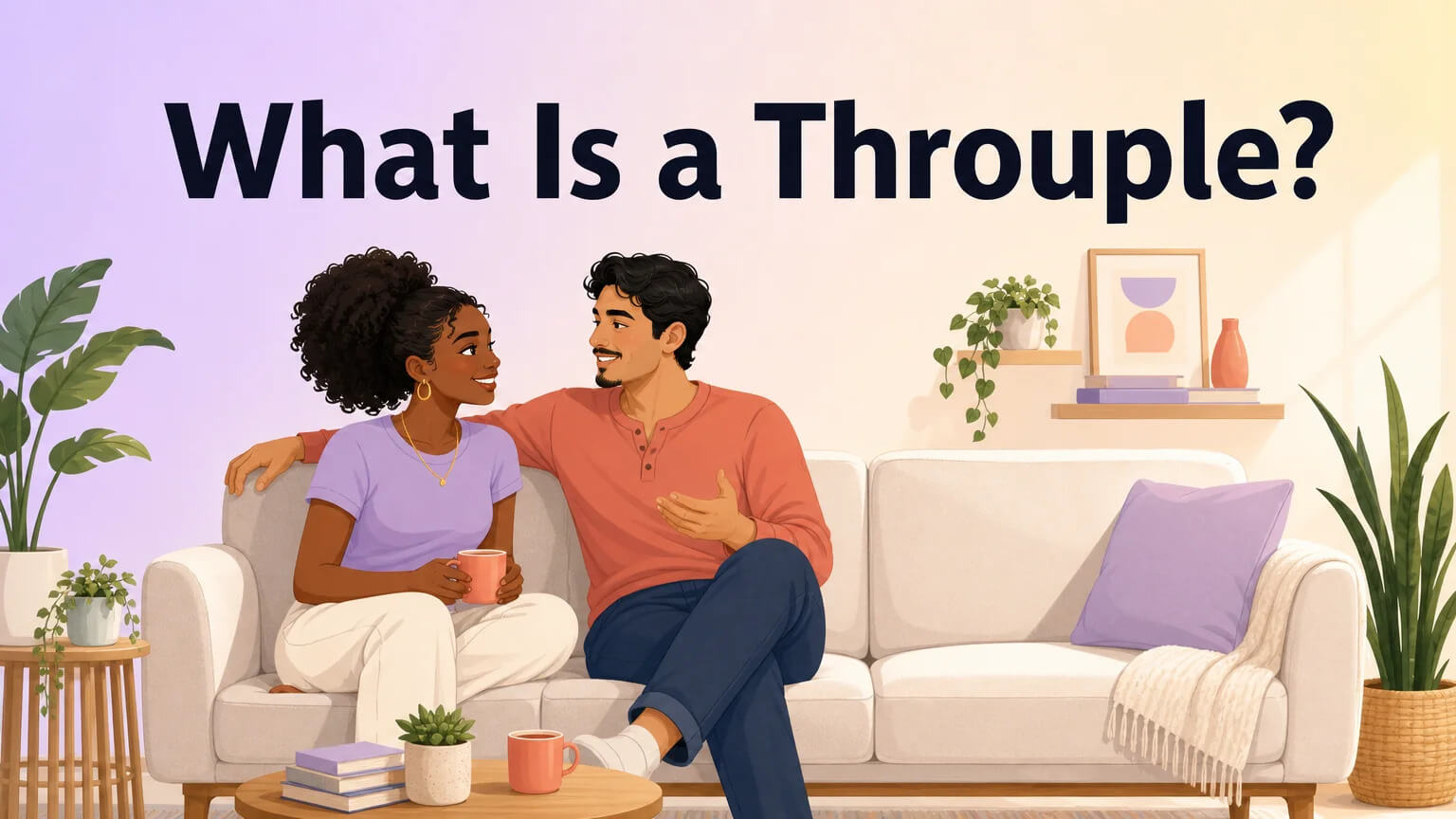 What Is a Throuple? — cover illustration showing two people on a couch with an open seat