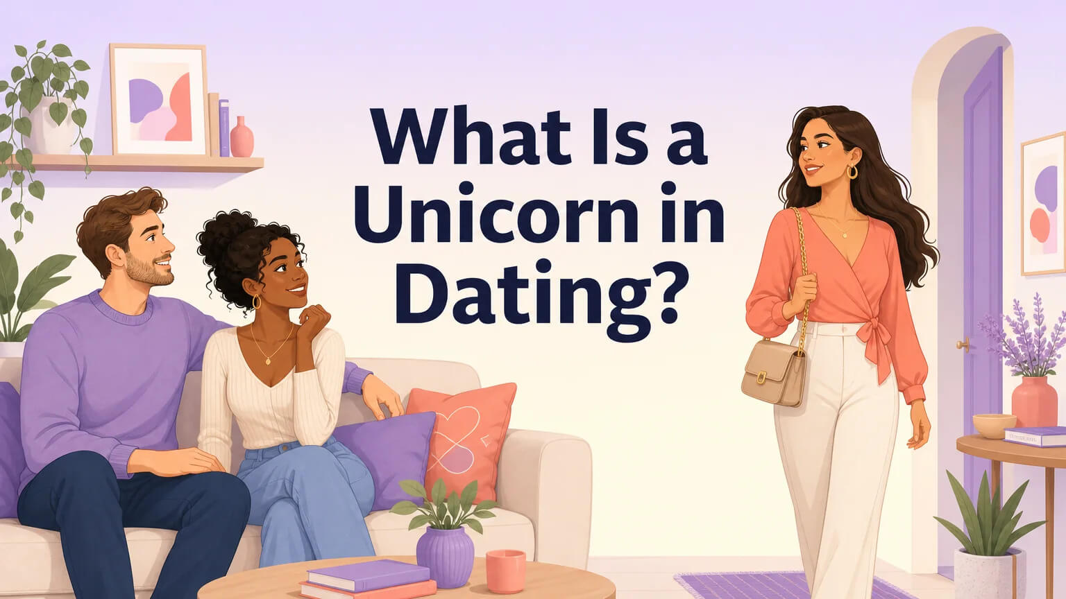 Cover illustration: A couple and a single woman in a warm living room, three people connecting with curiosity and mutual respect