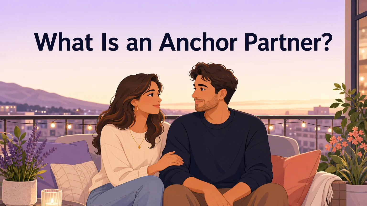 Cover image: a couple on a balcony at golden hour, intimate conversation, title reads "What Is an Anchor Partner?"