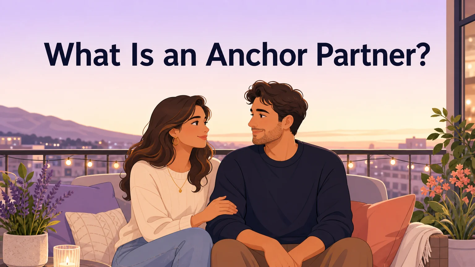 Cover image: a couple on a balcony at golden hour, intimate conversation, title reads "What Is an Anchor Partner?"