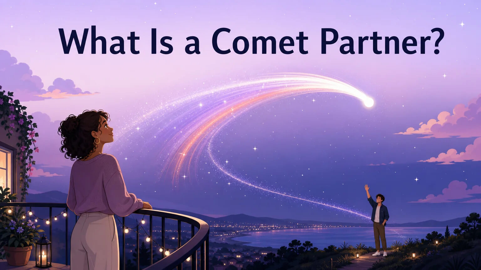 What Is a Comet Partner cover image — a couple on a balcony at twilight watching a bright comet streak across the night sky, connecting two people across distance
