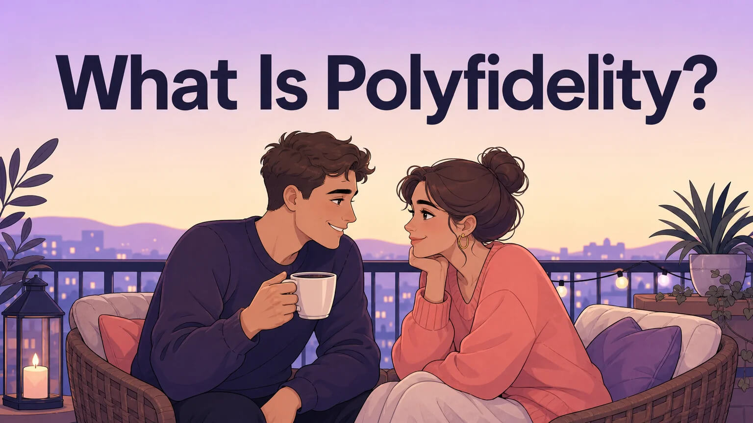 What Is Polyfidelity? Cover image showing a couple in warm conversation on a balcony at twilight