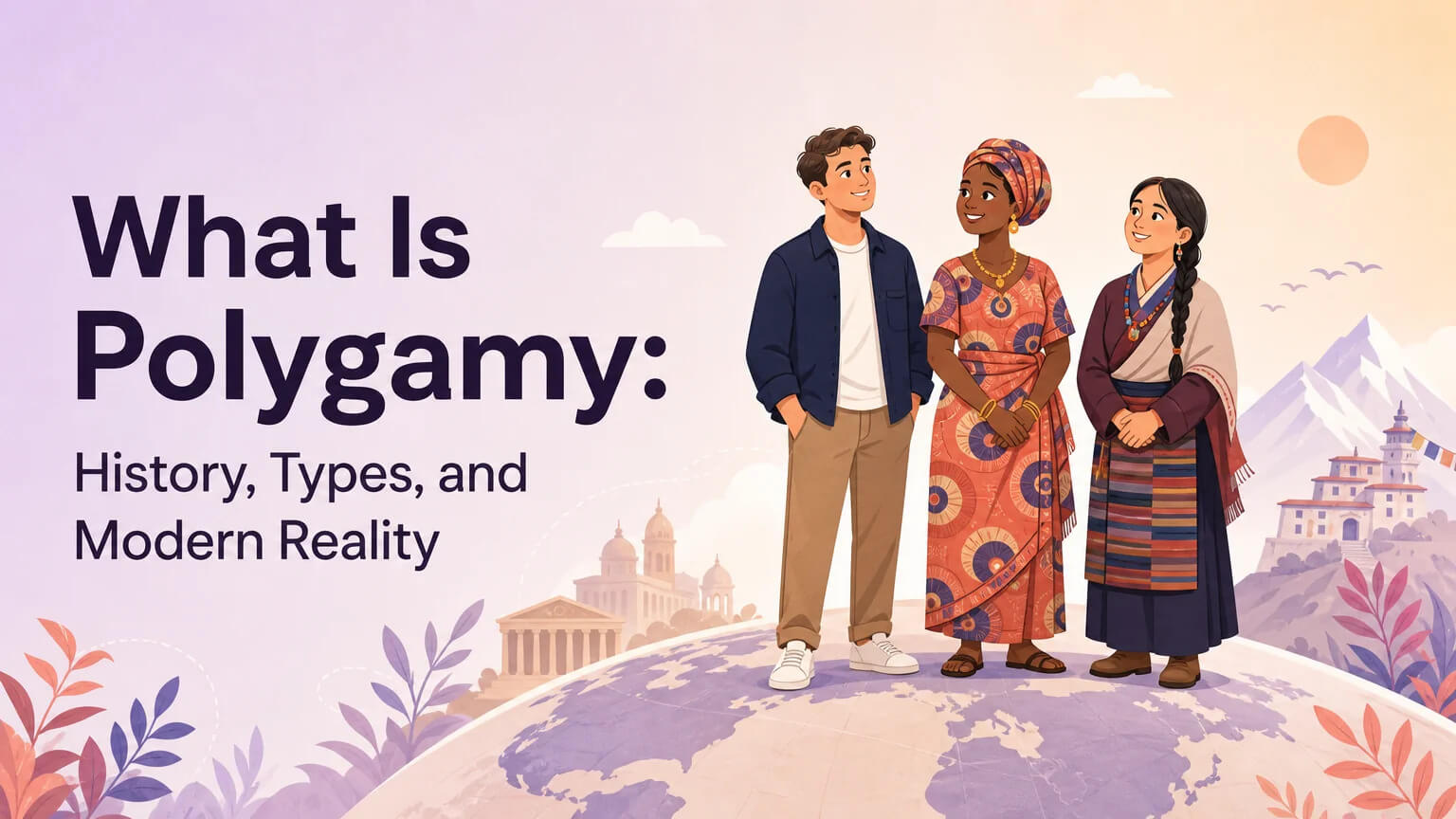 Cover image for What Is Polygamy article showing three characters from different cultures standing on a globe