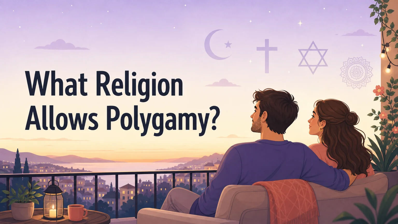 Cover illustration: a couple on a balcony at twilight, with faded religious symbols in the background