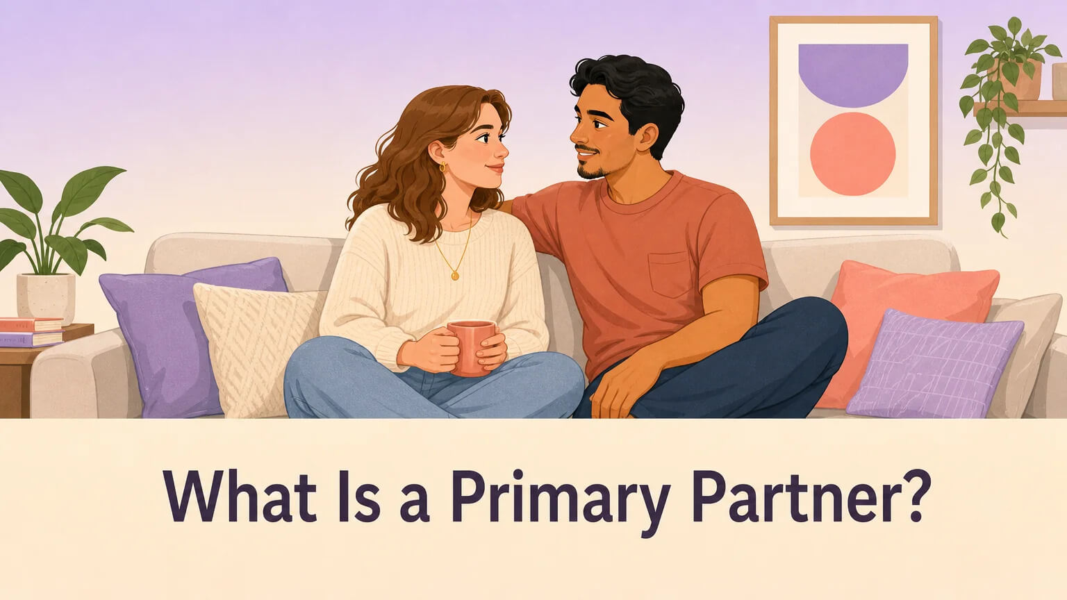 Cover image: Two people sitting together on a sofa having an intimate conversation, with the article title "What Is a Primary Partner?" displayed below in a modern flat illustration style
