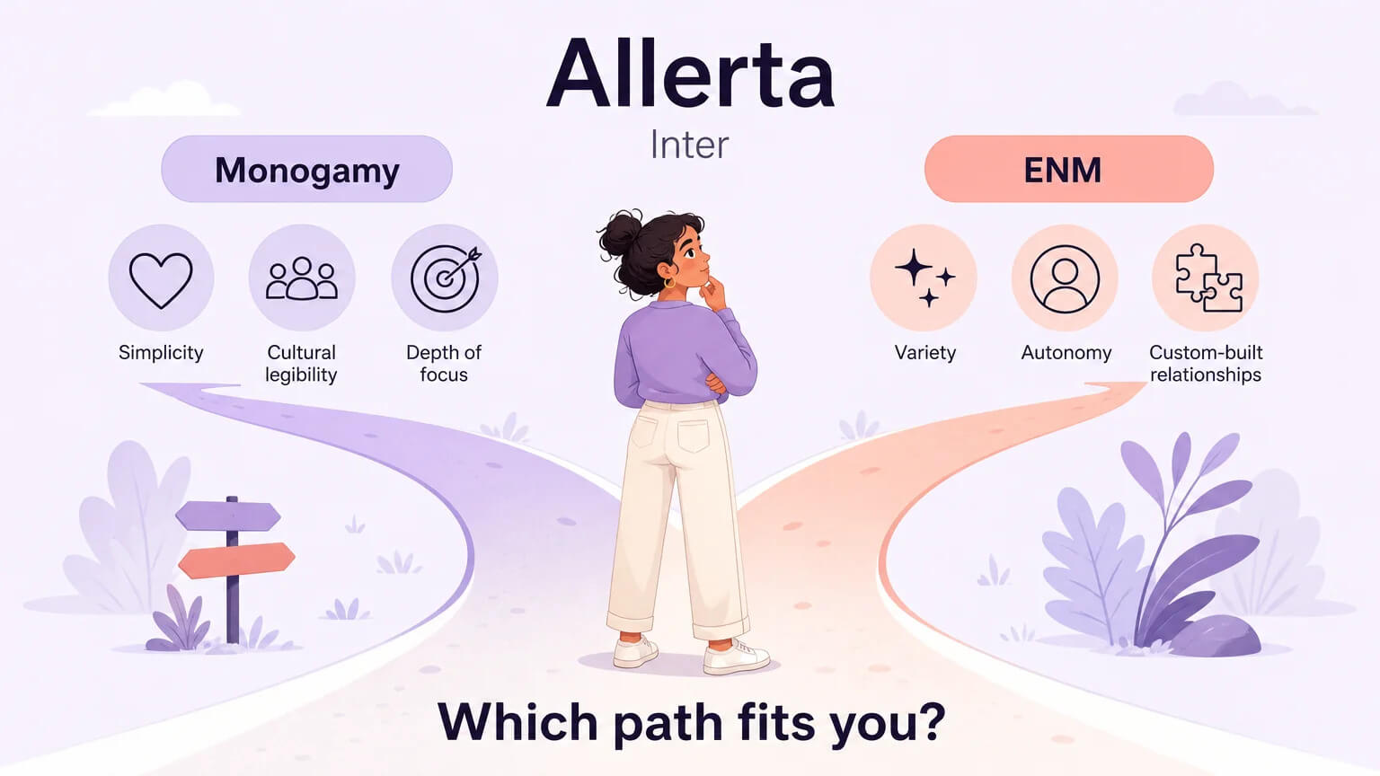A character stands at a fork in the path between monogamy and ENM, asking which path fits you