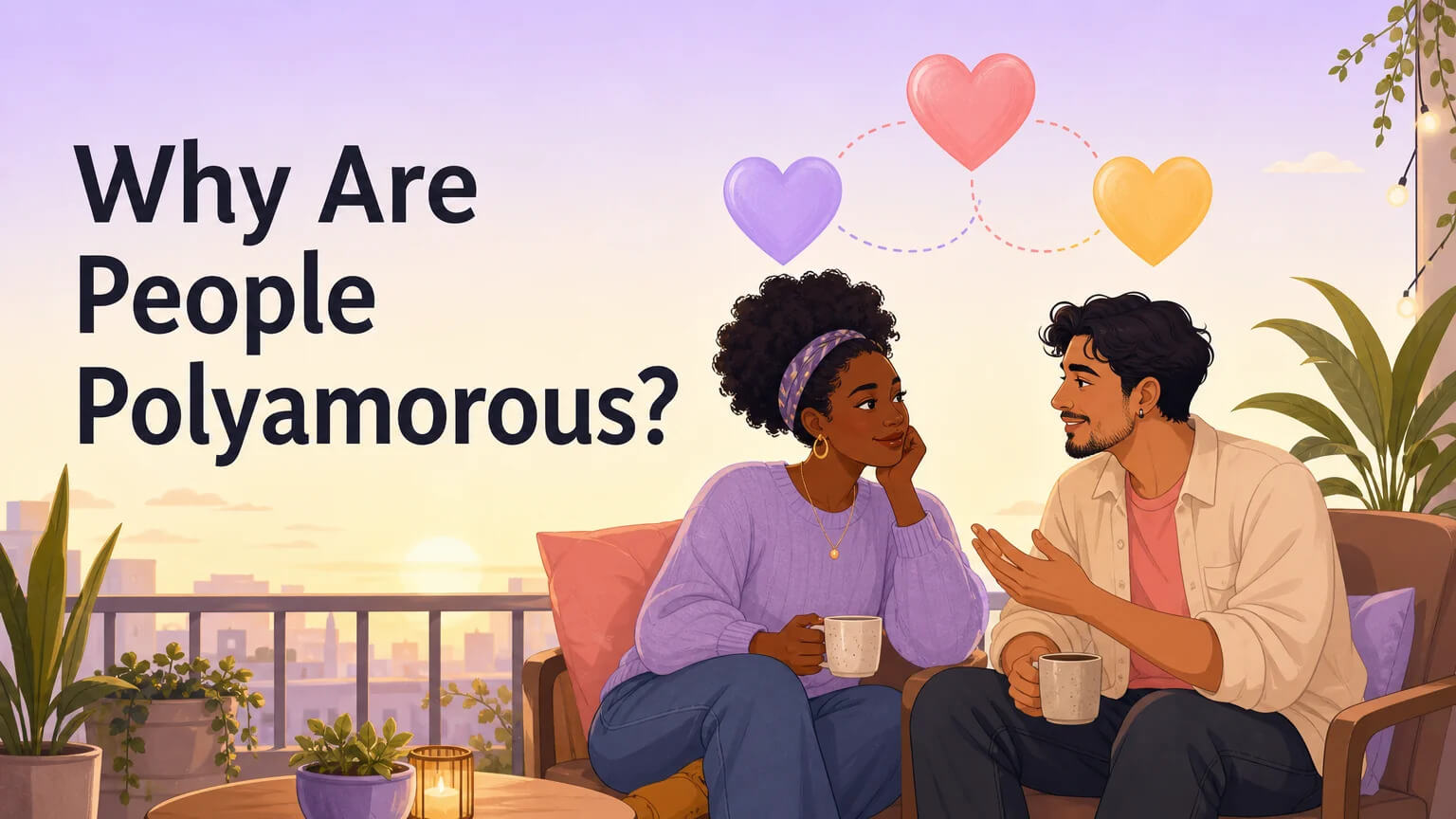 Two people sitting on a balcony at golden hour having an intimate conversation, with translucent hearts floating above them in soft pastel colors