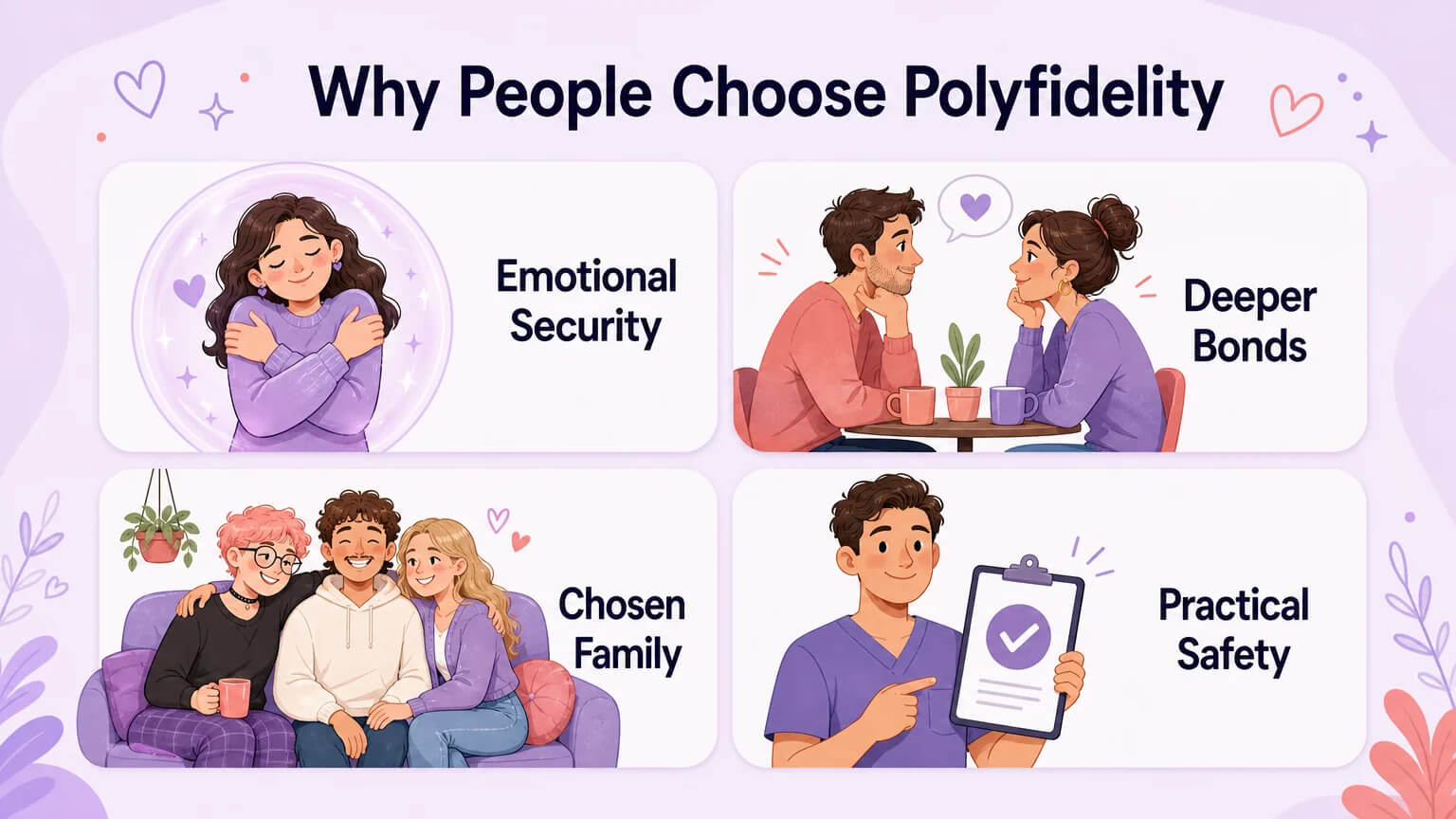 Four reasons people choose polyfidelity: emotional security, deeper bonds, chosen family, and practical safety