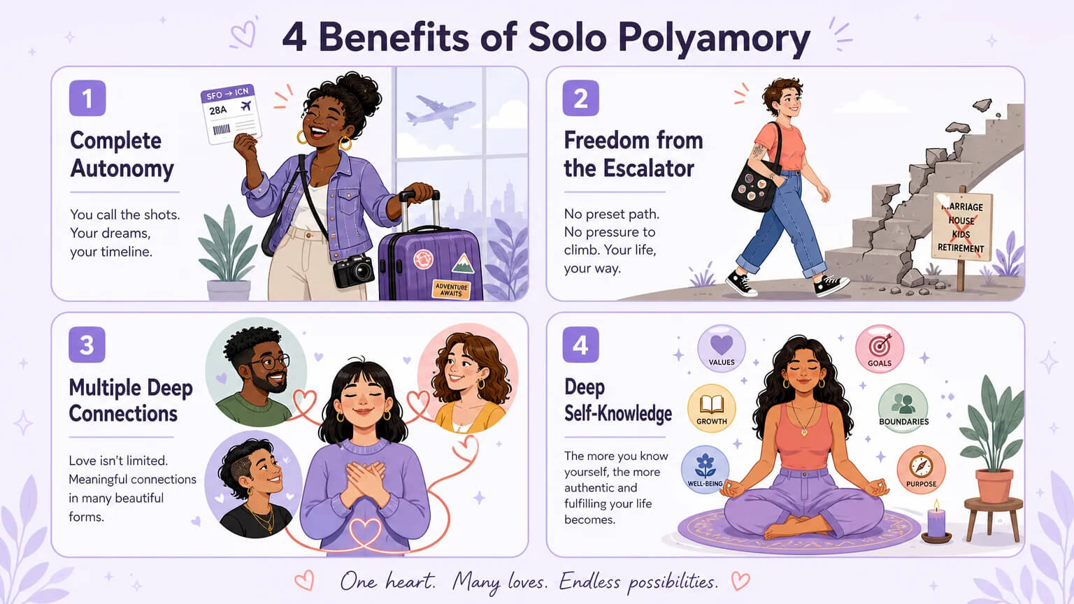 Four benefits of solo polyamory in a 2x2 grid: Complete Autonomy, Freedom from the Escalator, Multiple Deep Connections, and Deep Self-Knowledge