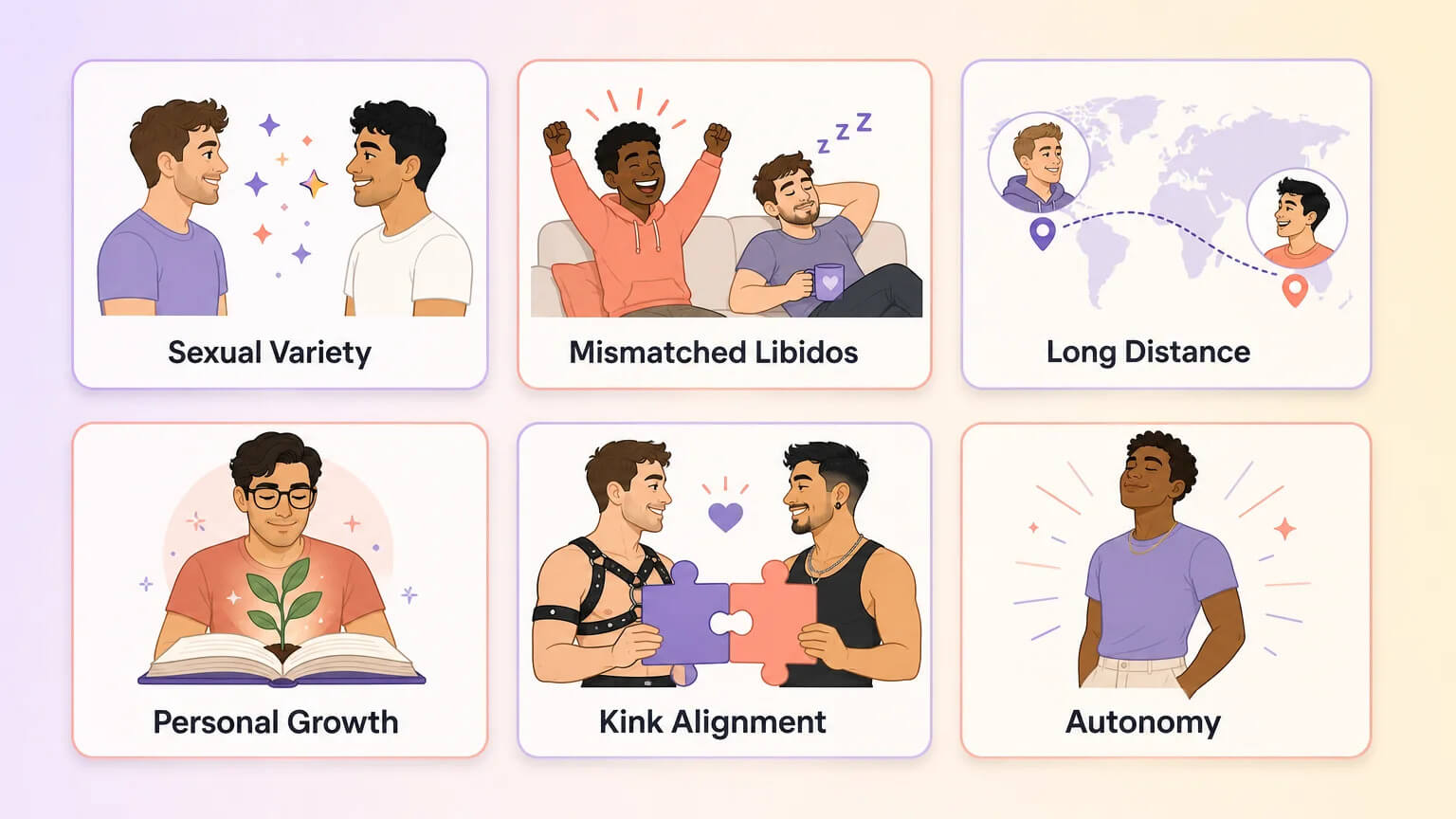 Six reasons gay men open relationships: sexual variety, mismatched libidos, long distance, personal growth, kink alignment, autonomy